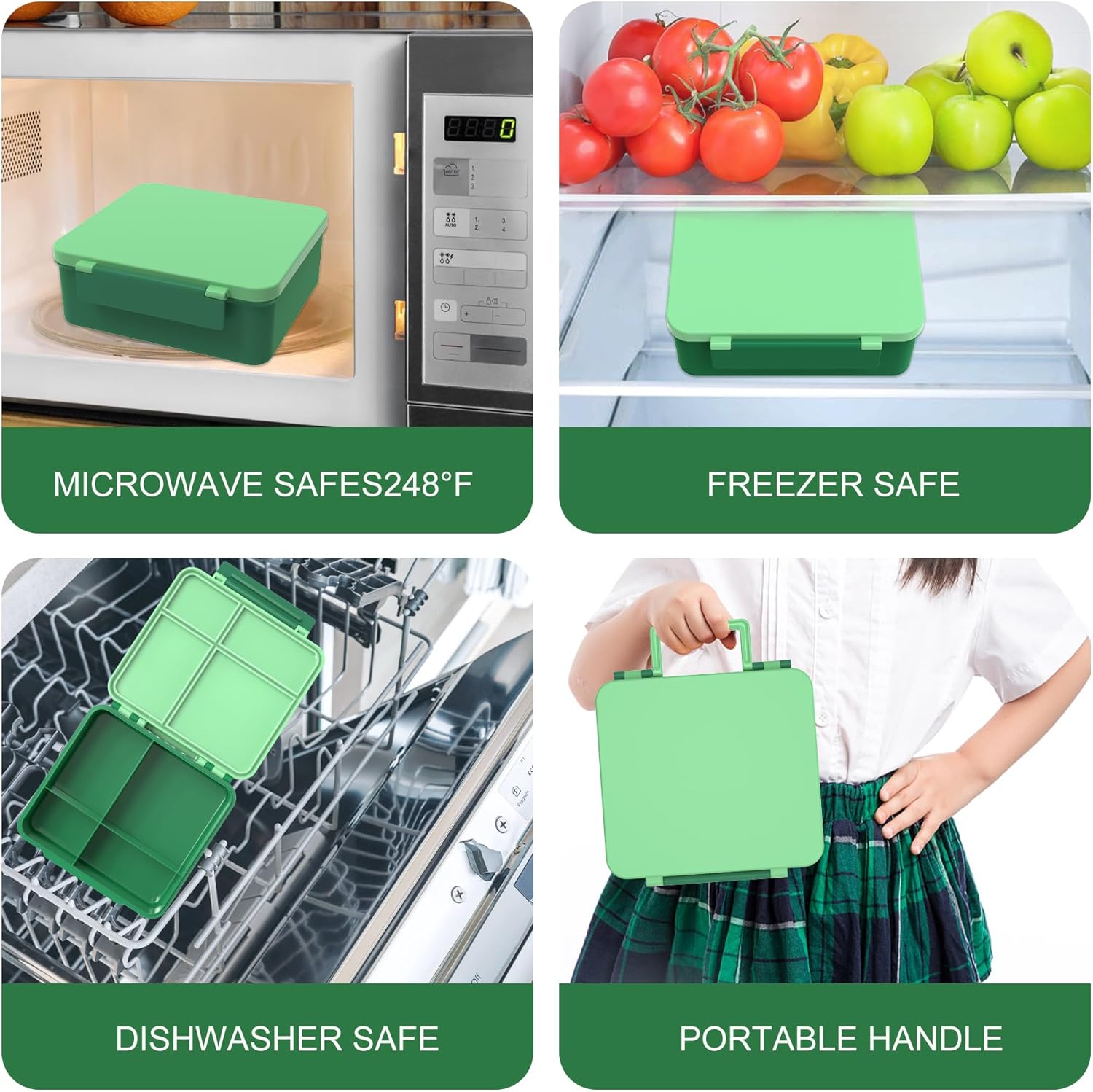 Bento Lunch Box with 8oz Soup Thermo, Kids Leakproof Lunch Food Containers with 4 Compartment, Kids Thermo Insulated Hot Food Jar for School, Trvael-Green - Image 4