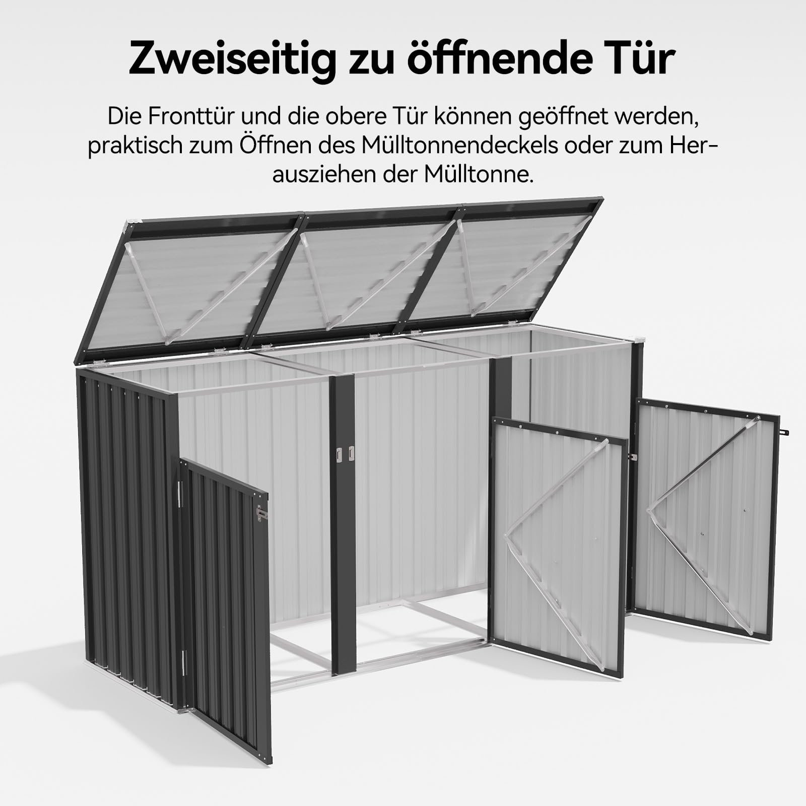 Aoxun Mülltonnenbox 3er, Mülltonnenbox aus Stahl für 3 Tonnen, Mülltonnenverkleidung mit Kettendeckel & verstärkter Rückwand, geeignet für 240L Mülltonnen, für Garten & Terrasse, Schwarz
