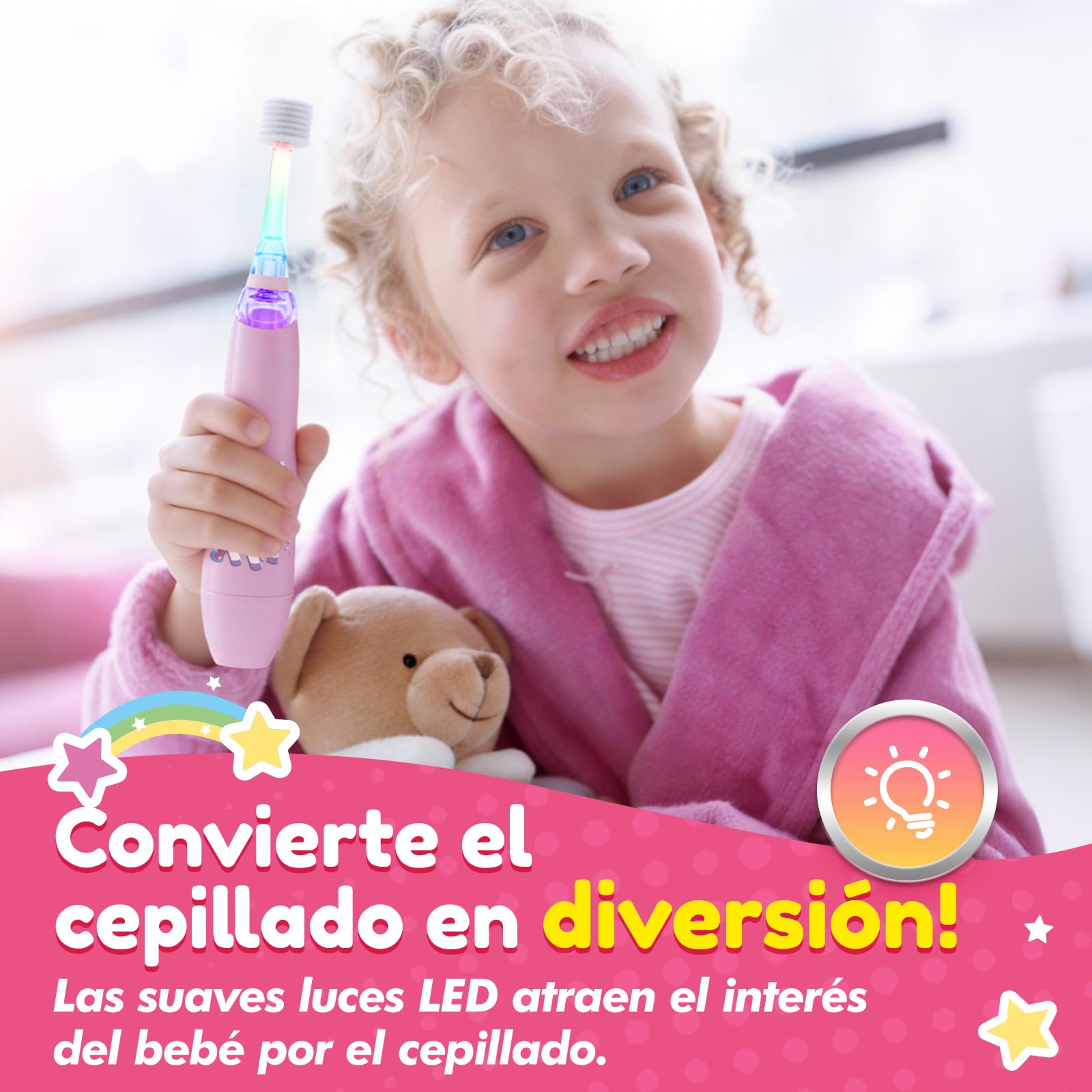 Cepillo de Dientes Eléctrico para Niños de 1 a 5 Años, Cepillo Eléctrico Infantil Sónico con 16,000 Vibraciones por Minuto, 4 Cabezales y 1 Pila AAA, Temporizador 2 Minutos, Impermeable IPX7 (Rosa)