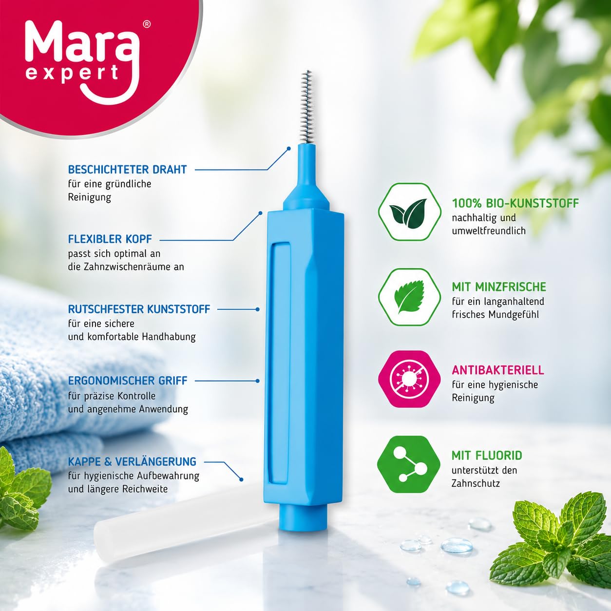 MARA EXPERT Cepillo Interdental Azul | 0,6 mm ISO 3 Medio | 8 cepillos interdentales | Bioplástico | Cepillos para Espacios Interdentales | Con Sabor a Menta - Clorhexidina - Flúor