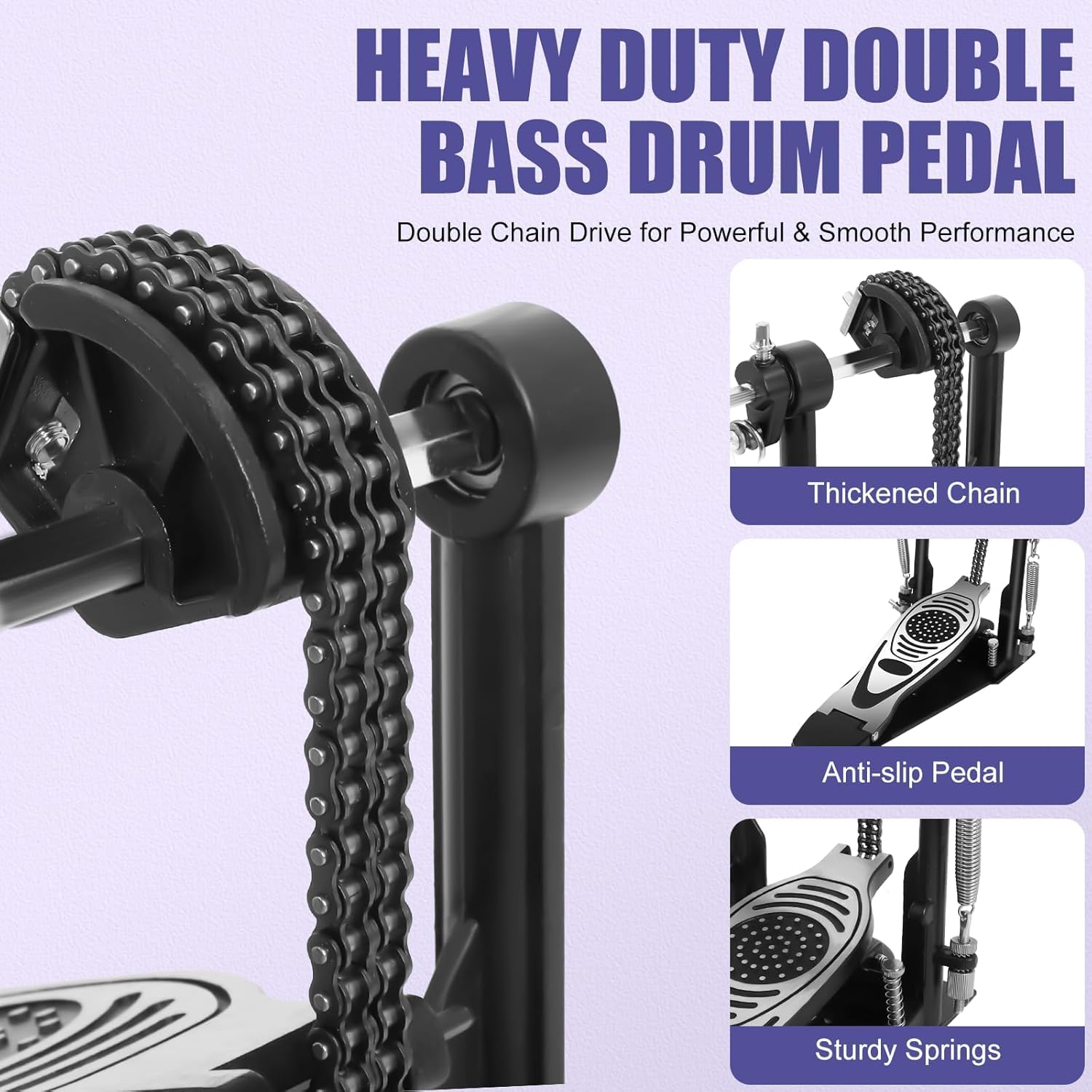 Doppel Bassdrum Pedal mit Doppelkettenantrieb, Kick-Pedal mit einstellbarer Feder- & Schlägelspannung, rutschfeste Bodenplatte, kompatibel mit akustischen & elektronischen Drumsets