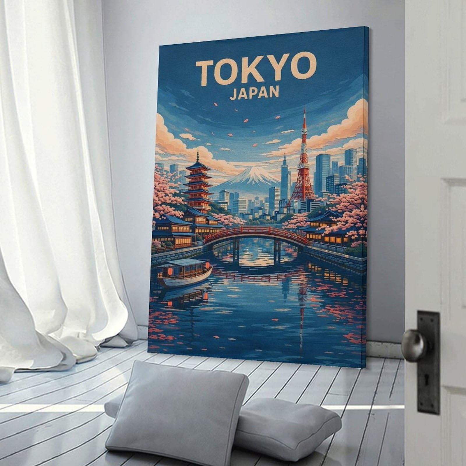 Junmoney Canvas Wall Art Tokyo Cityscape with Mount Fuji And Cherry Blossoms, 16x24inch(40x60cm), for Bedroom, Guest Room Or Reading Nook, Canvas Wall Decor for Personal Spaces