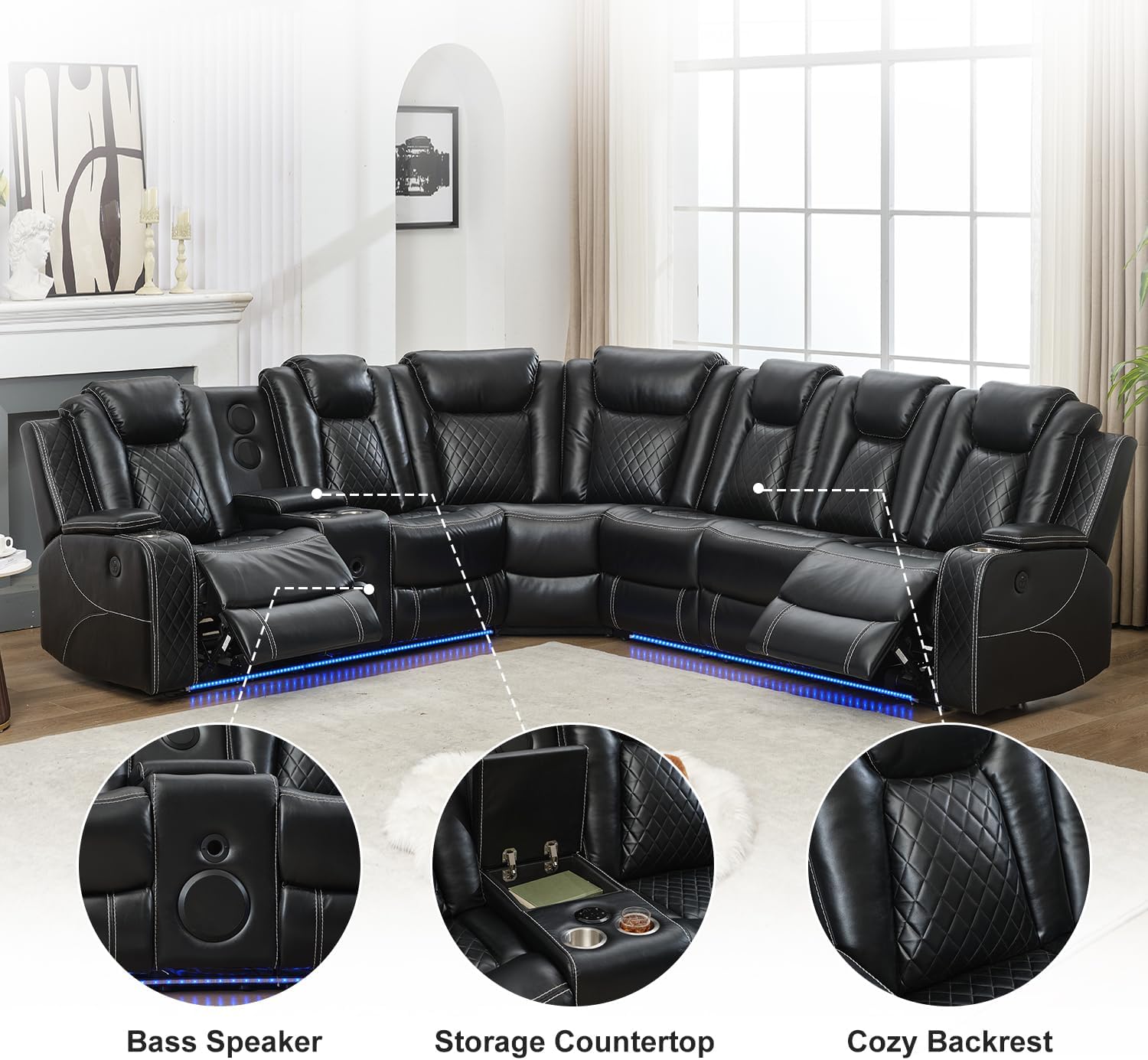 Power Recliner Sectional Sofa with Bass Speaker,Wireless Charger,Electric Reclining Sectional Sofa with 2 Faux Leather Recliner,LED Strip,Reading Light,Type-C USB Port,Cup Holder,Storage Console Black