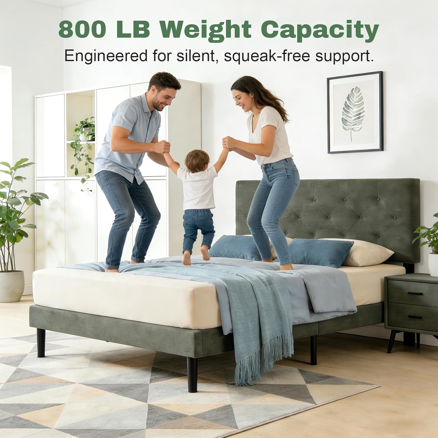 Queen Size Upholstered Bed Frame, Queen Platform Bed Frames Gray Bedframe with Linen Headboard, Wooden Slats Support, No Box Spring Needed, Easy Assembly