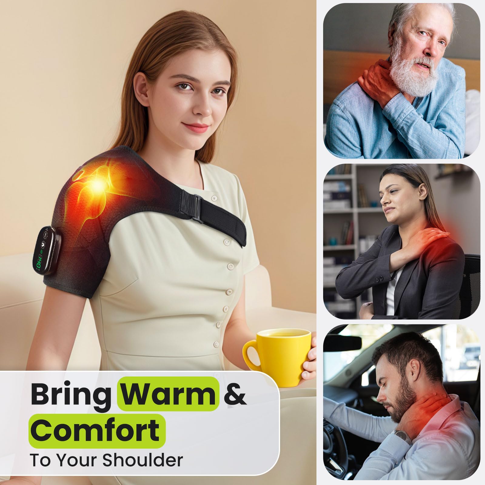 Coussin De Massage Chauffant Sans Fil Pour Épaule, Attelle Chauffante Avec 3 Niveaux De Chaleur Et Vibrations, Écran Tactile Et Batterie 5000mah, Adaptée À L'Épaule Gauche/Droite Pour Unisexe (Noir)