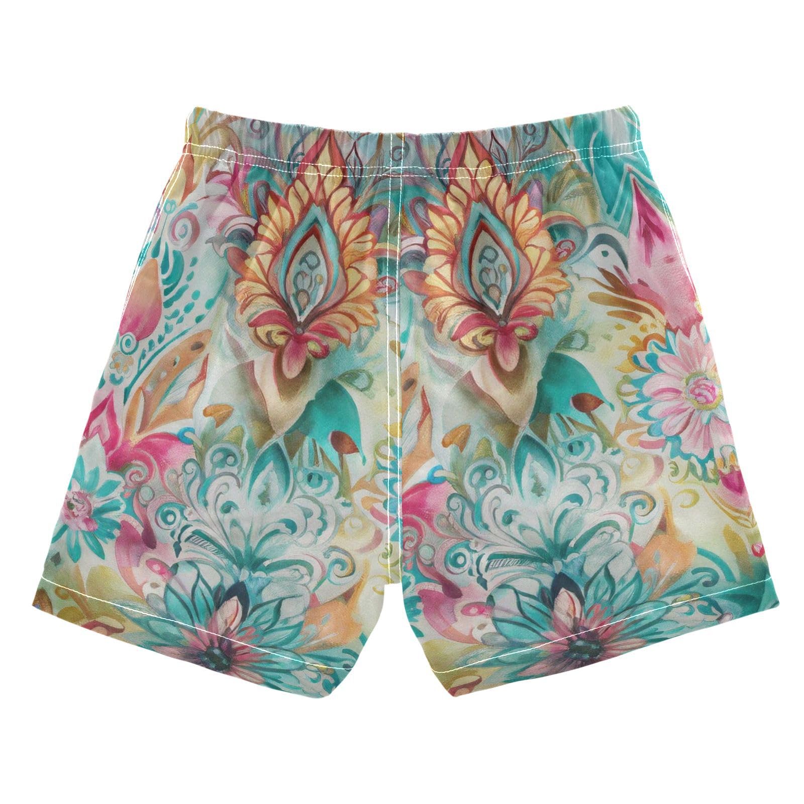 FLildon Ikat Floral Pastel Pattern Little Boys Swim Trunks with Mesh Lining Quick Dry Beach Board Shorts, 3T