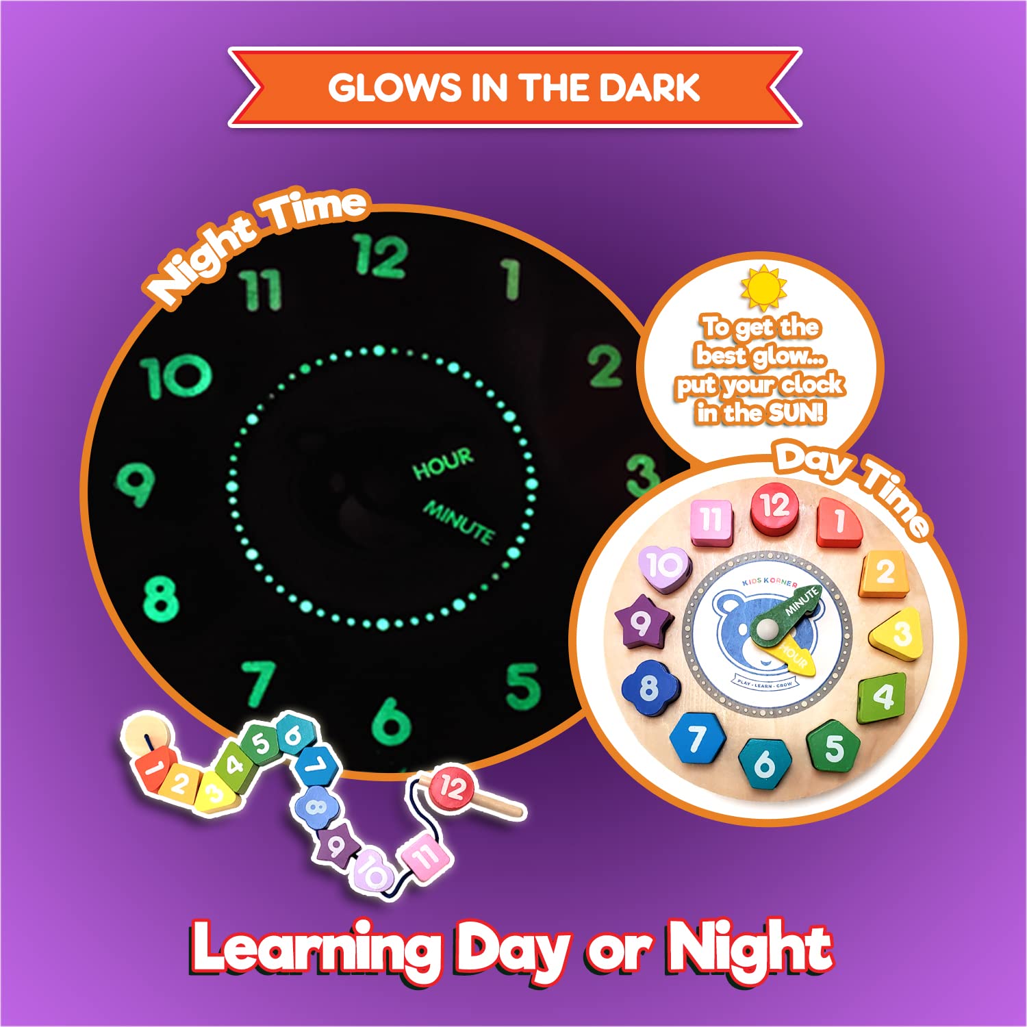 Lace & Learn - Reloj de madera para niños – Formas, colores, cordones y decir la hora – Brilla en la oscuridad habilidades motoras finas y juguetes de madera con libro electrónico de actividades 5