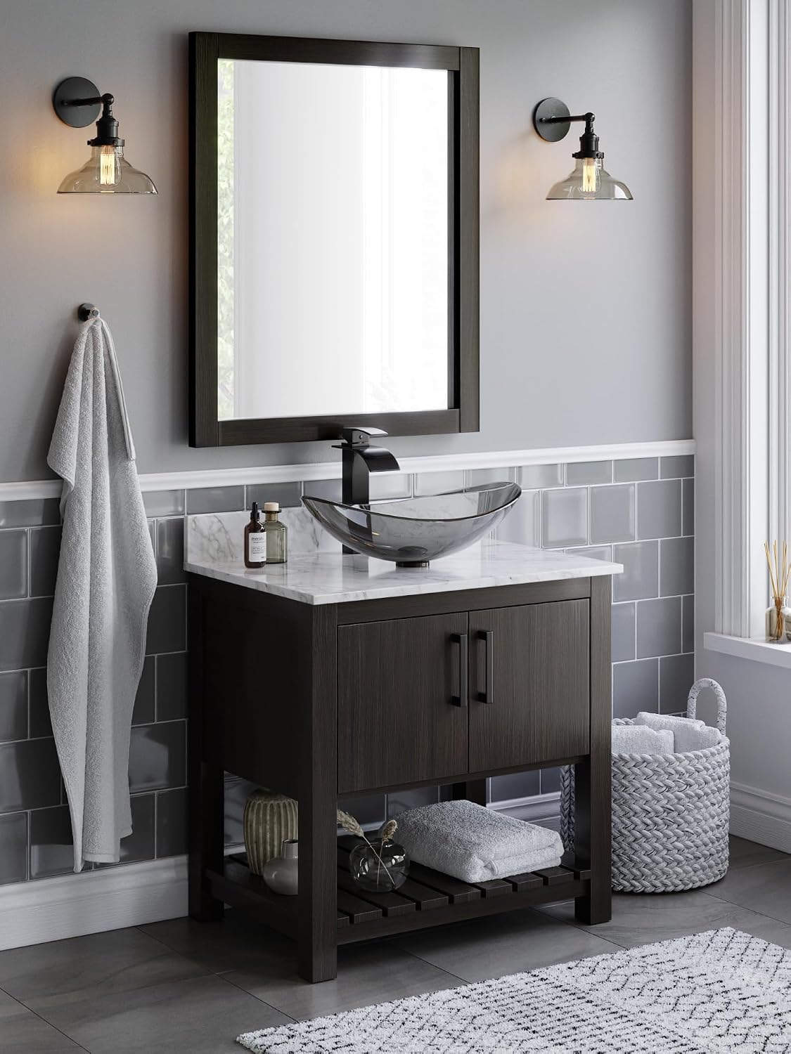 Miseno MV-30CM-NOBV-CAR-324G 30" Free Standing Single Basin Vanity Set with Cabinet, Oval Glass Vessel Sink and Marble Vanity Top - Cafe Mocha/Carrara White Top/Oil Rubbed Bronze Hardware