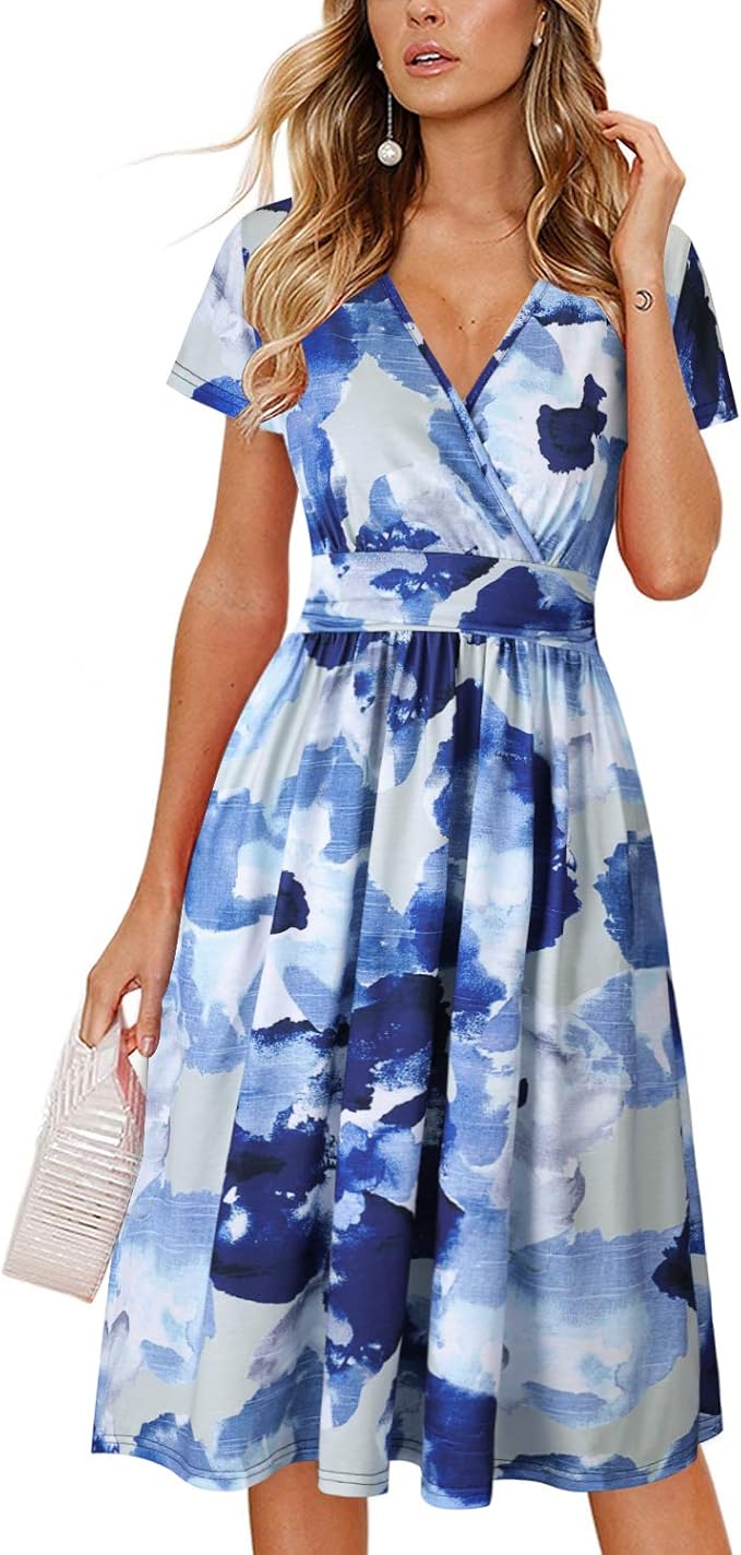 OUGES women's summer V-neck floral dress with pockets
