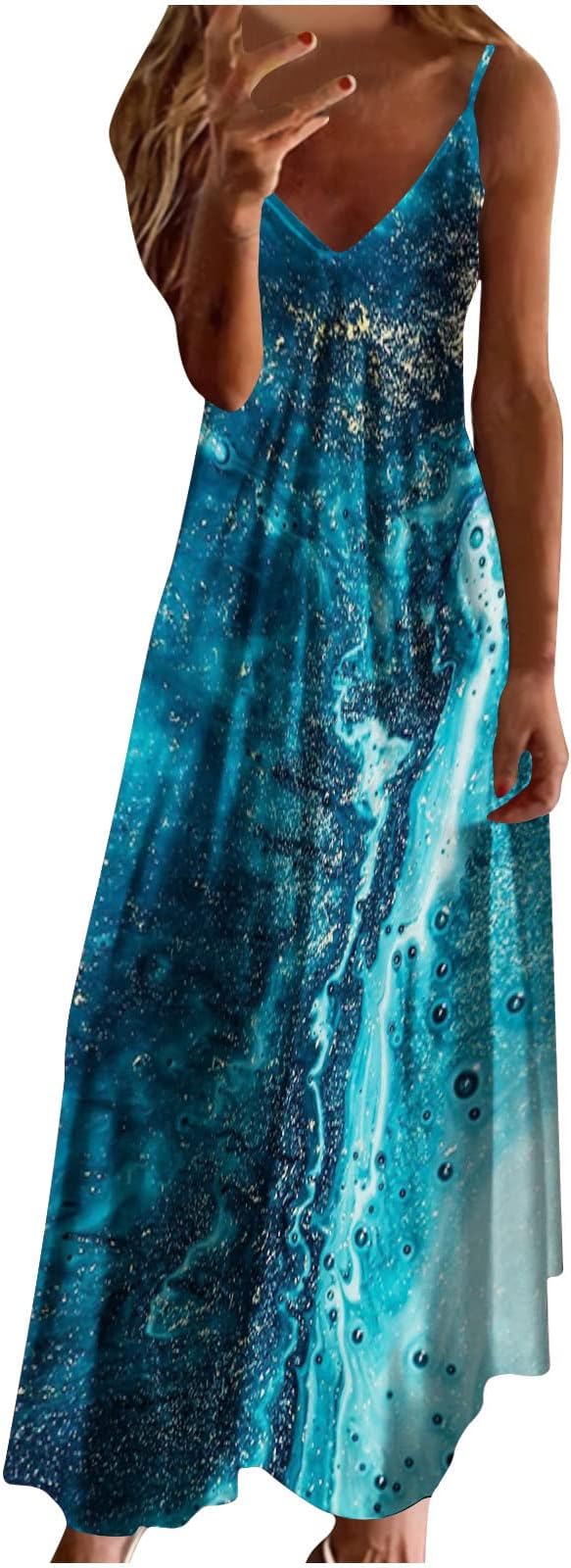 Women Dresses for Special Occasions Sale Ladies Maxi Dresses Summer Casual V-Neck Sleeveless Vacation Beach Long Dress Clearance Elegant Party Cocktail Dress Wedding Guest Dresses UK Size
