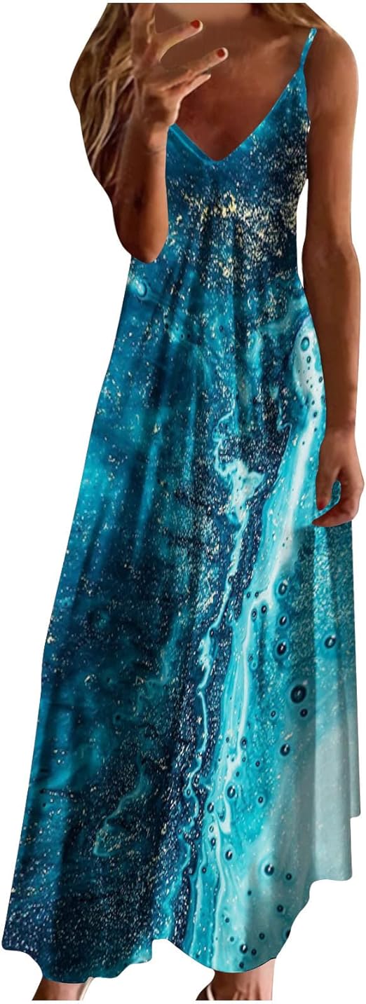 AMhomely Women Dresses for Special Occasions Sale Ladies Maxi Dresses Summer Casual V-Neck Sleeveless Vacation Beach Long Dress Clearance Elegant Party Cocktail Dress Wedding Guest Dresses UK Size