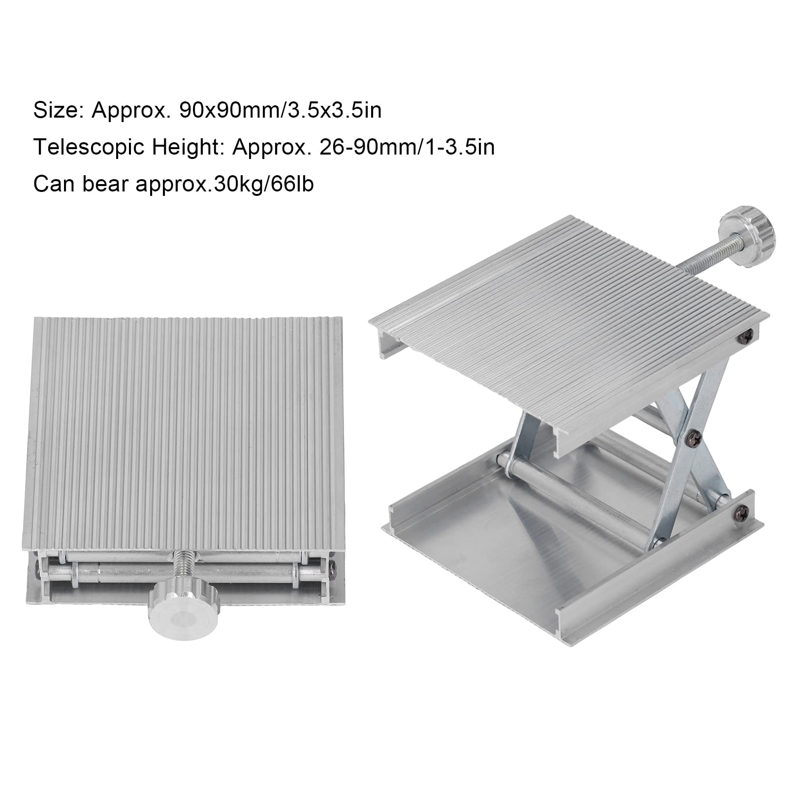 NDNCZDHC 3.5x3.5in, Aluminum Alloy Lab Jack Scissor Stand Platform, Lab Lift Stand Table Scissor Lifting Jack Platform 26-90mm Lifting, 10kg Loading (Silver)