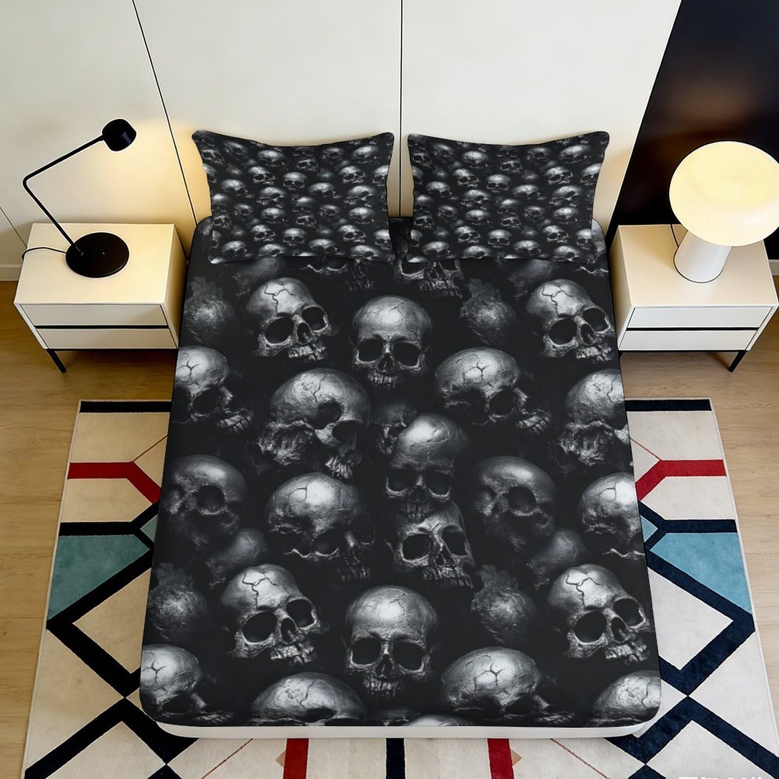 3D Printed Dark Skull Fitted Sheet Microfiber Bedroom Decor Gothic Black Mattress Cover for Home Guest Room 90x200x25cm