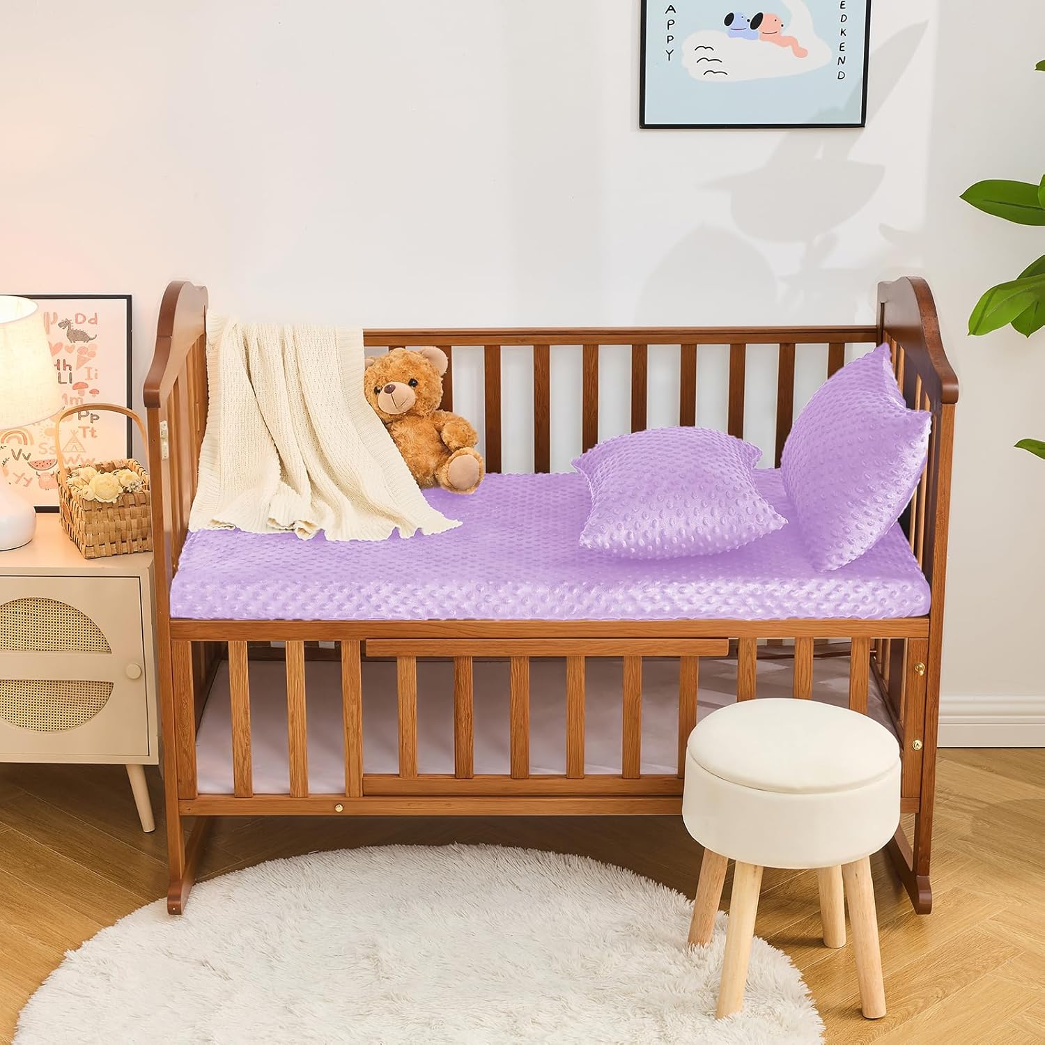 Entisn Baby Crib Sheets 2 Pack, 28 x 52 Inch Minky Dot Fitted Crib Mattress Sheet for Girls, Soft and Warm Fleece Nursery Bedding for Standard Toddler Bed Mattresses (Light Purple)