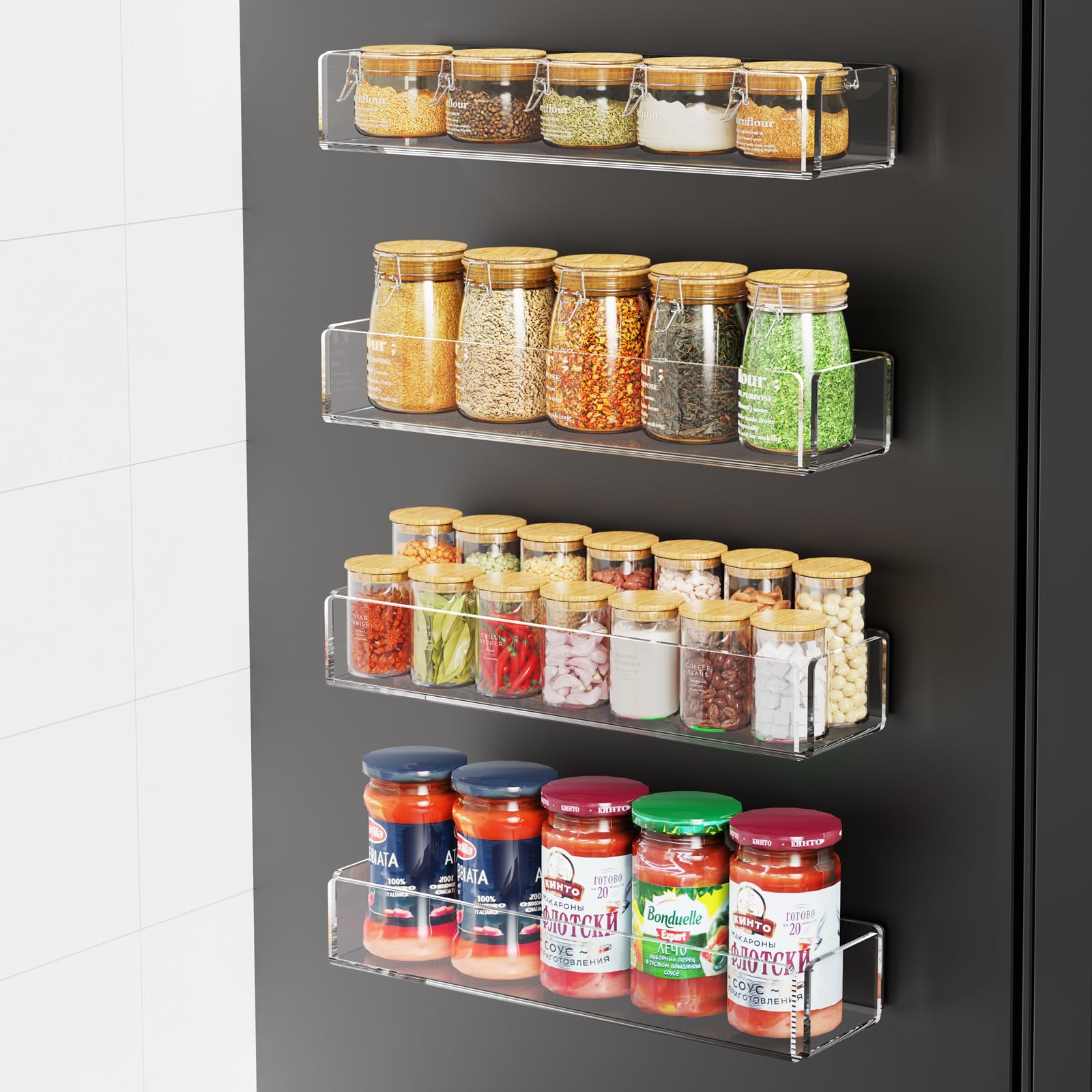 Paquete de 4 estantes acrílicos para especias para refrigerador y horno, organizadores magnéticos para nevera y almacenamiento, transparente
