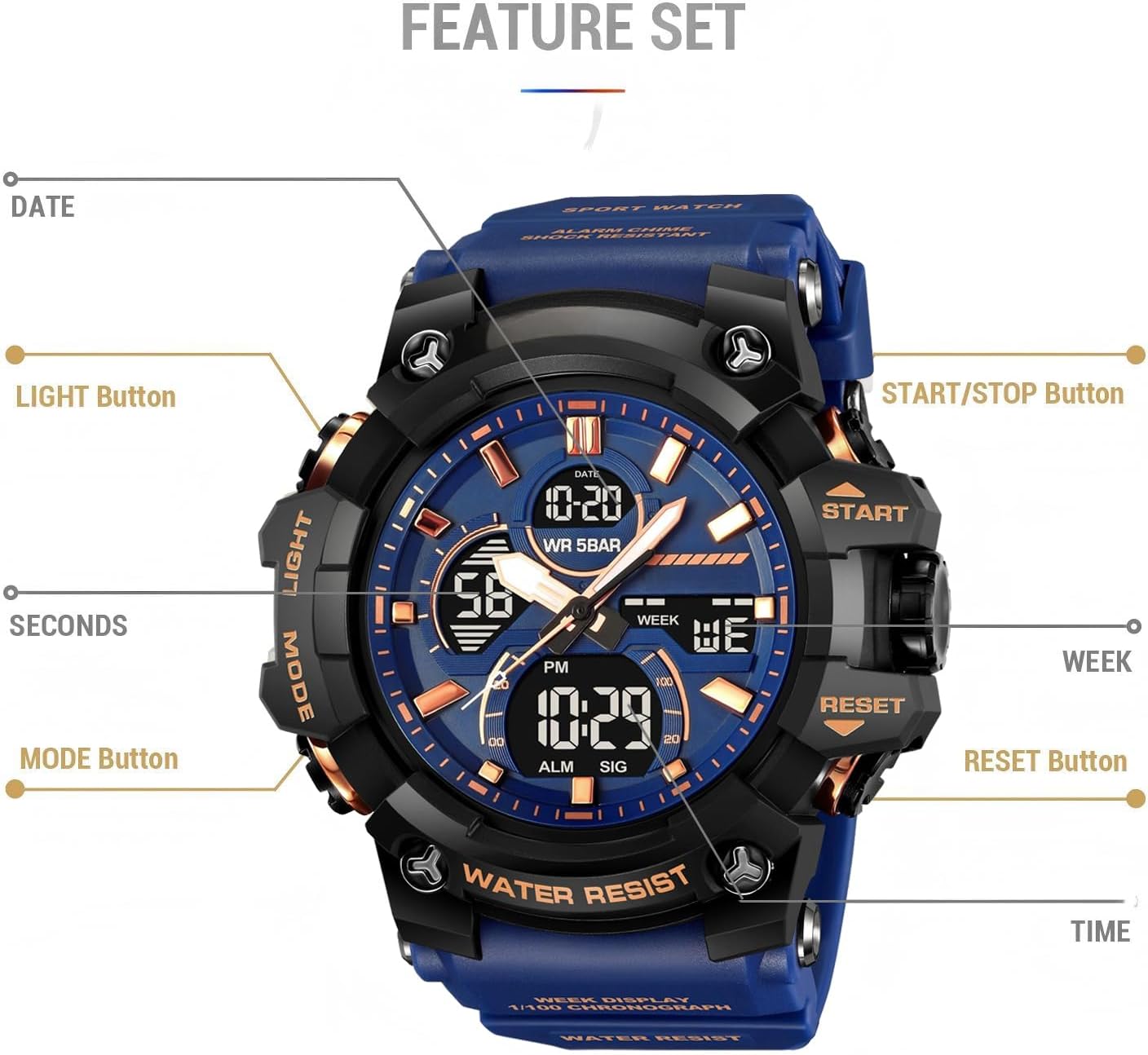 findtime Men's Military Tactical Watches for Men Big Face Large Dual Analog Digital Display Sports Outdoor Durable Rugged White Wristwatch with LED Backlight Waterproof