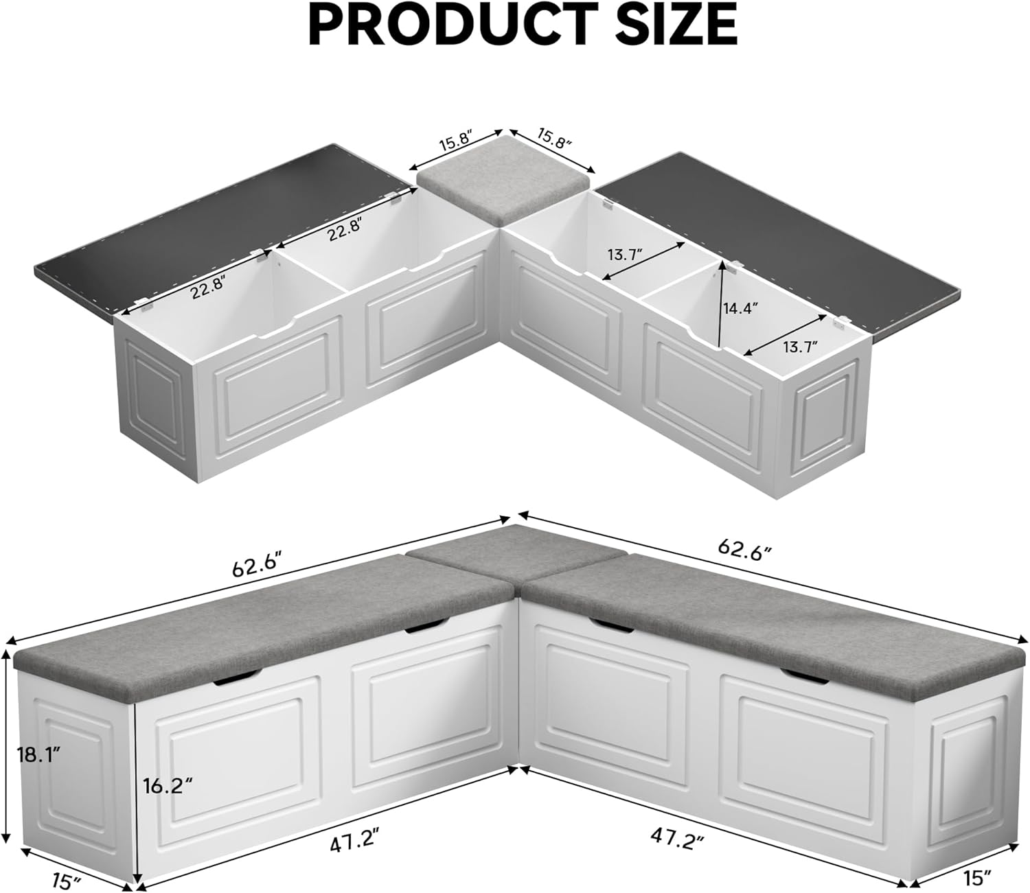 Merapi L Shape Storage Bench, 63-inch L-Shaped Breakfast Nook Bench with Storage, Corner Kitchen Bench with Cushioned Seat & Hidden Compartments for Entryway, Dining Room (White-Grey)