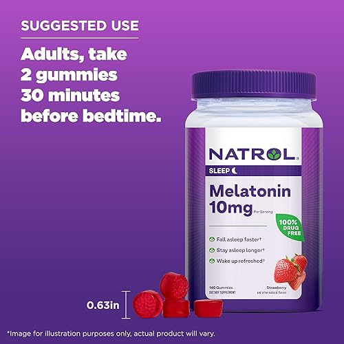 Miniatura 7 de Natrol Melatonina 10 mg, suplemento dietético para un sueño reparador, gomitas para dormir para adultos, 140 gomitas con sabor a fresa, suministro