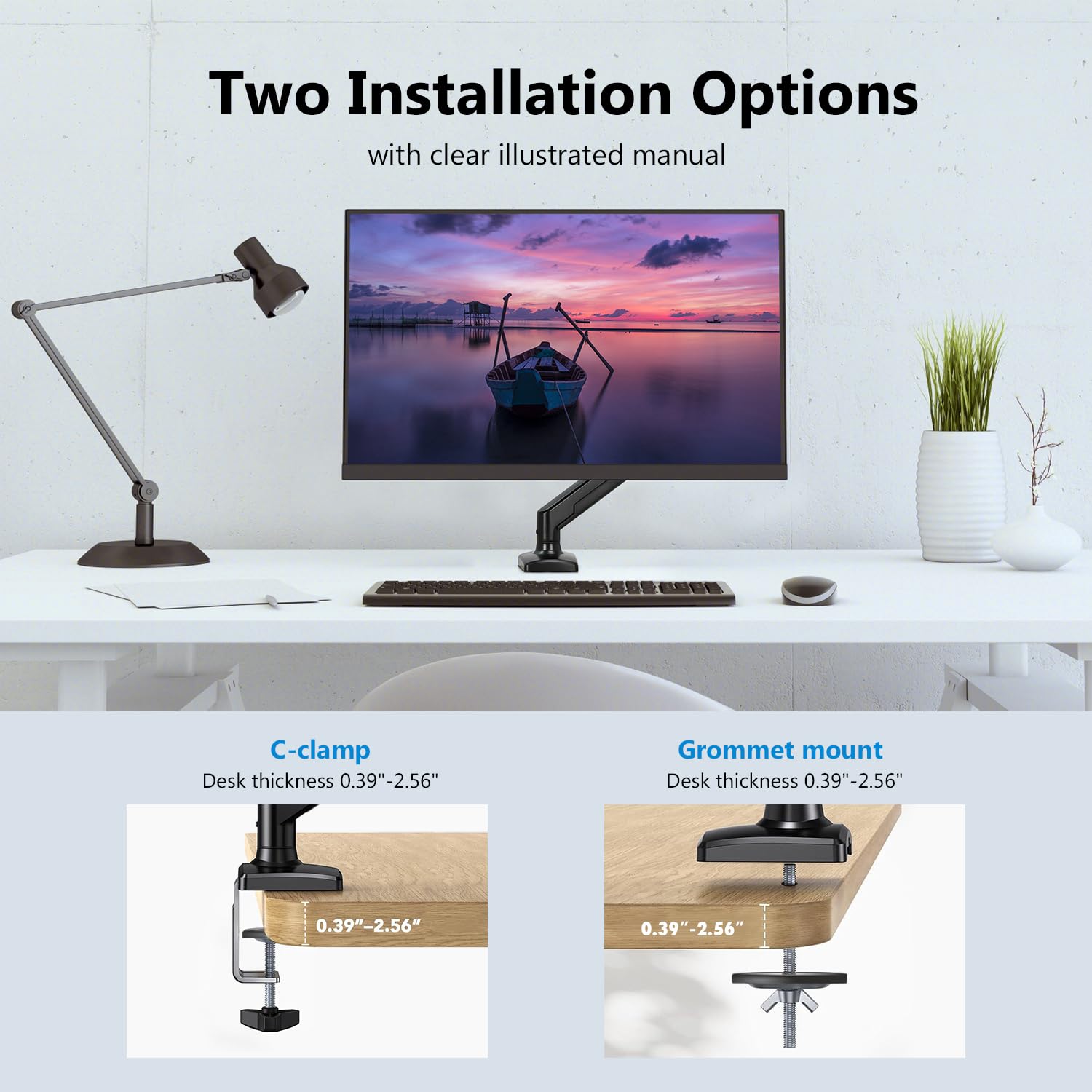 Supporto singolo per monitor da 13-32 pollici, braccio per monitor con molla a gas con staffa VESA regolabile in altezza, supporto per 2-9 kg, installazione con morsetto/occhiello