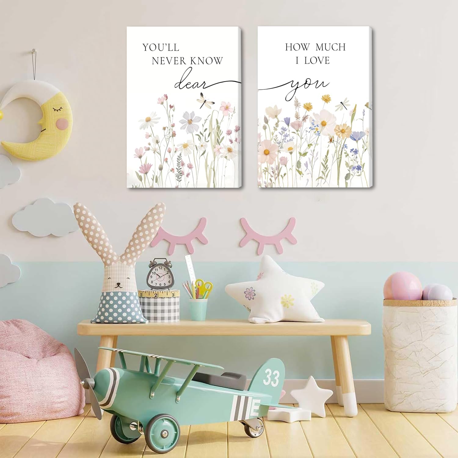 Framed Wildflower Nursery Wall Art Set of 2 Boho Flower Botanical Wall Decor Flower Botanical Sentence Poster Baby Room Living Room Bedroom Home Decoration 12x16 Inch Framed