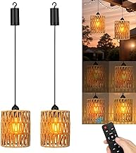 Battery Operated Pendant Lights 2 Pack, Rattan Pendant Lights Outdoor Hanging Chandeliers with Remote Control, Boho Lampshade Woven Rattan Lighting Fixtures for Gazebo Porch Patio Decor