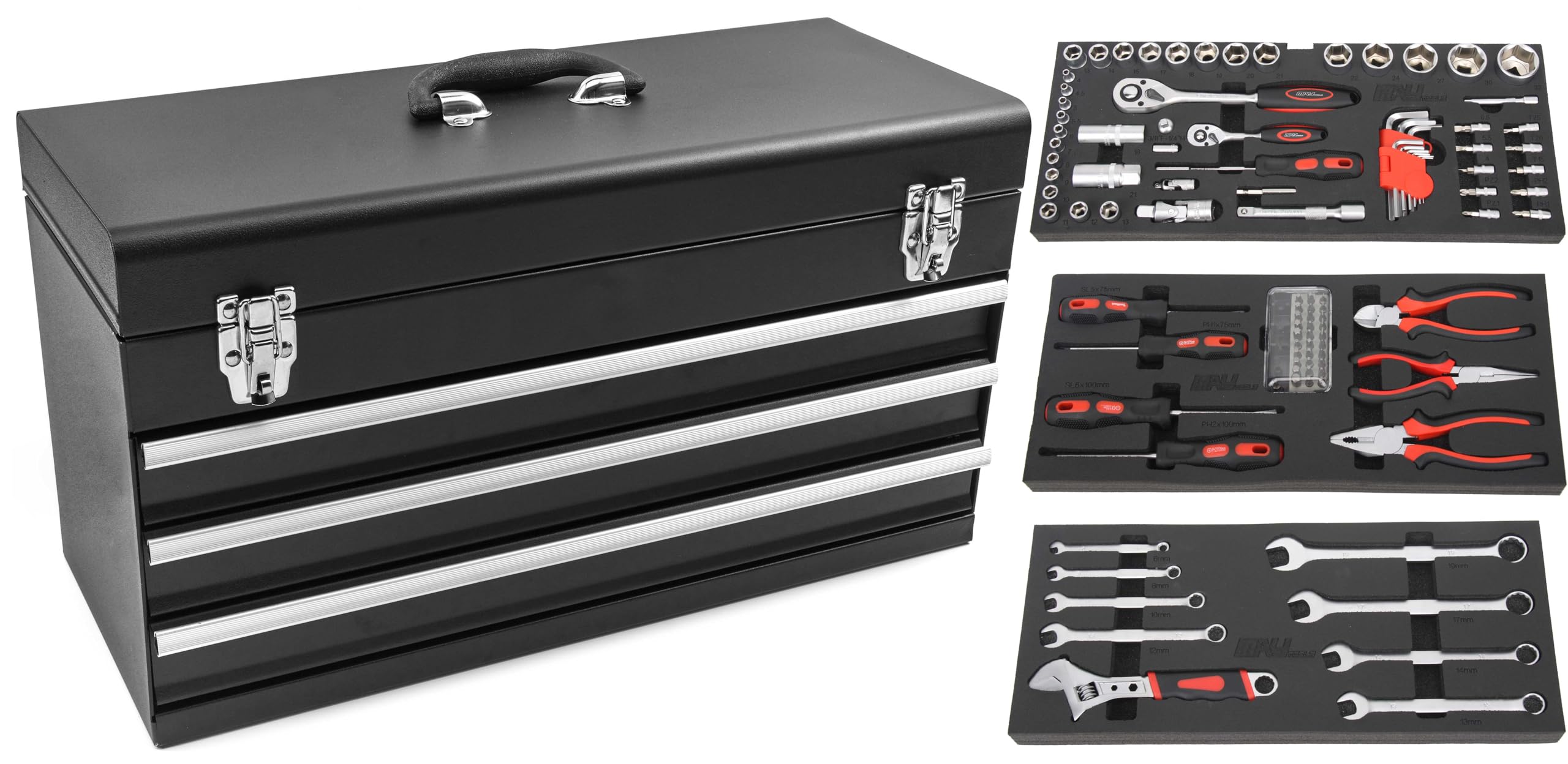 Cofre con herramientas 3 cajones y 1 compartimento superior para guardar herramientas, negro, 103 piezas
