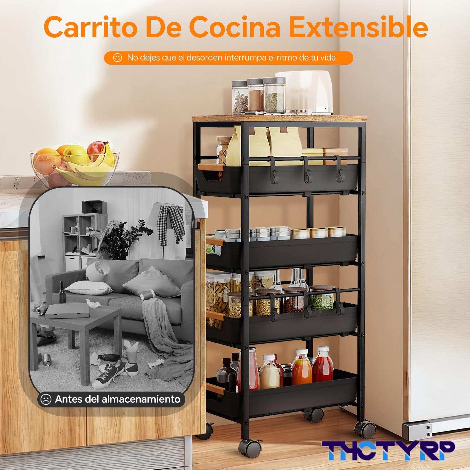 Carrito de 5 Niveles y 4 cajones, con Tabla de Madera y cestas ventiladas. Ruedas 360° con 2 Frenos. Ideal para Guardar Frutas, Verduras, microondas en Cocina o salón 32x38x81.5 cm