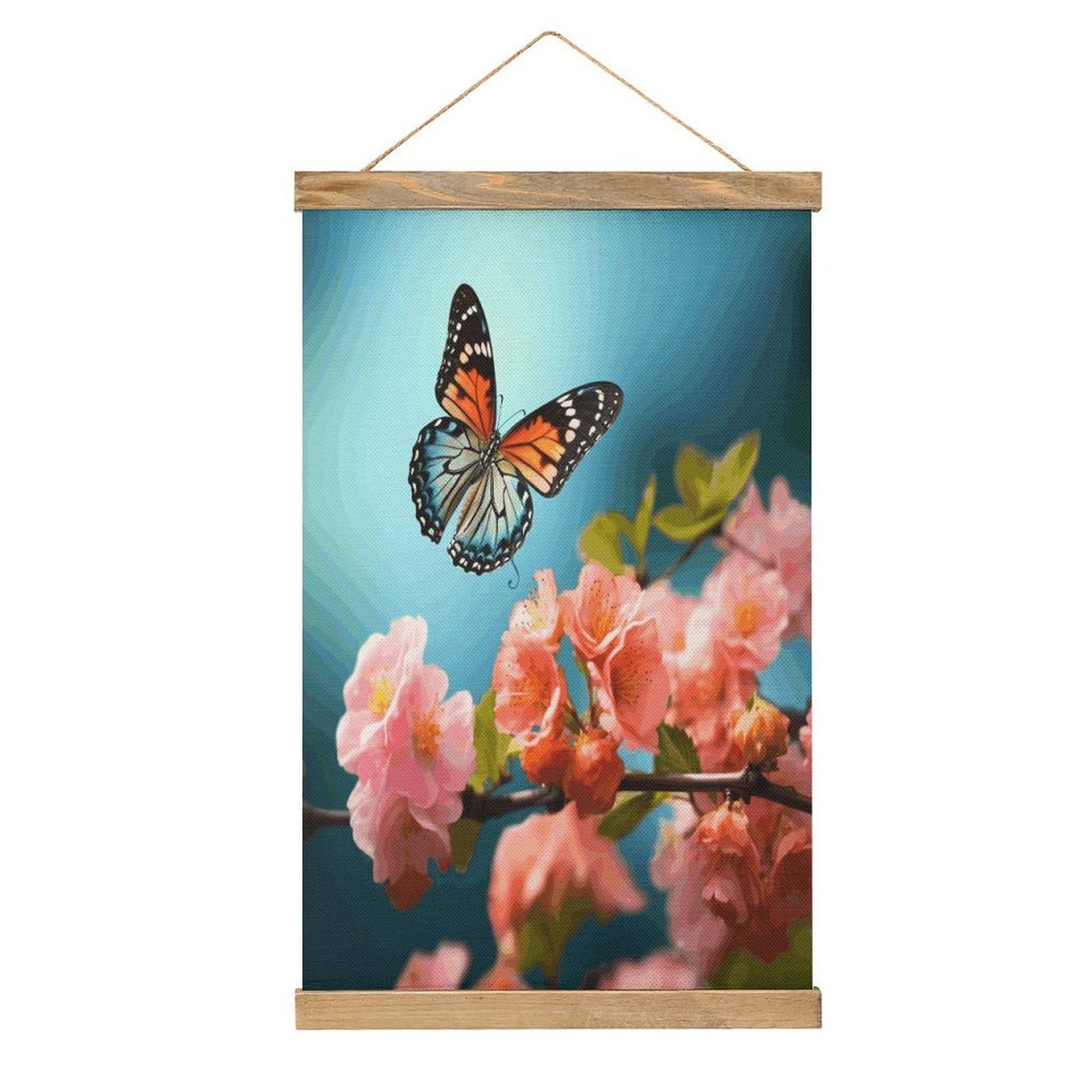 JTREHY Butterfly With Flowers Linen Hanging Painting Vintage Poster Wall Art Prints Personality Style Wall Hanging Poster for Living Room Office Bedroom Decor Frame 13.2 X 20.47 Inch