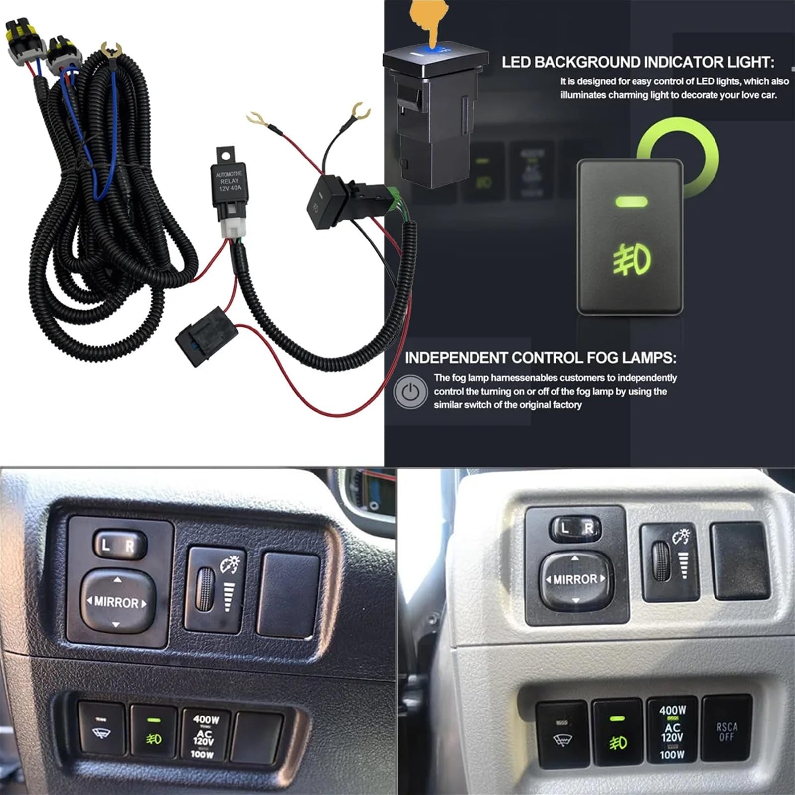 Kit de cableado for faros antiniebla H10, H12, HB3 y HB4 con conector, relé de 40 A e interruptor de encendido/apagado (1 unidad).