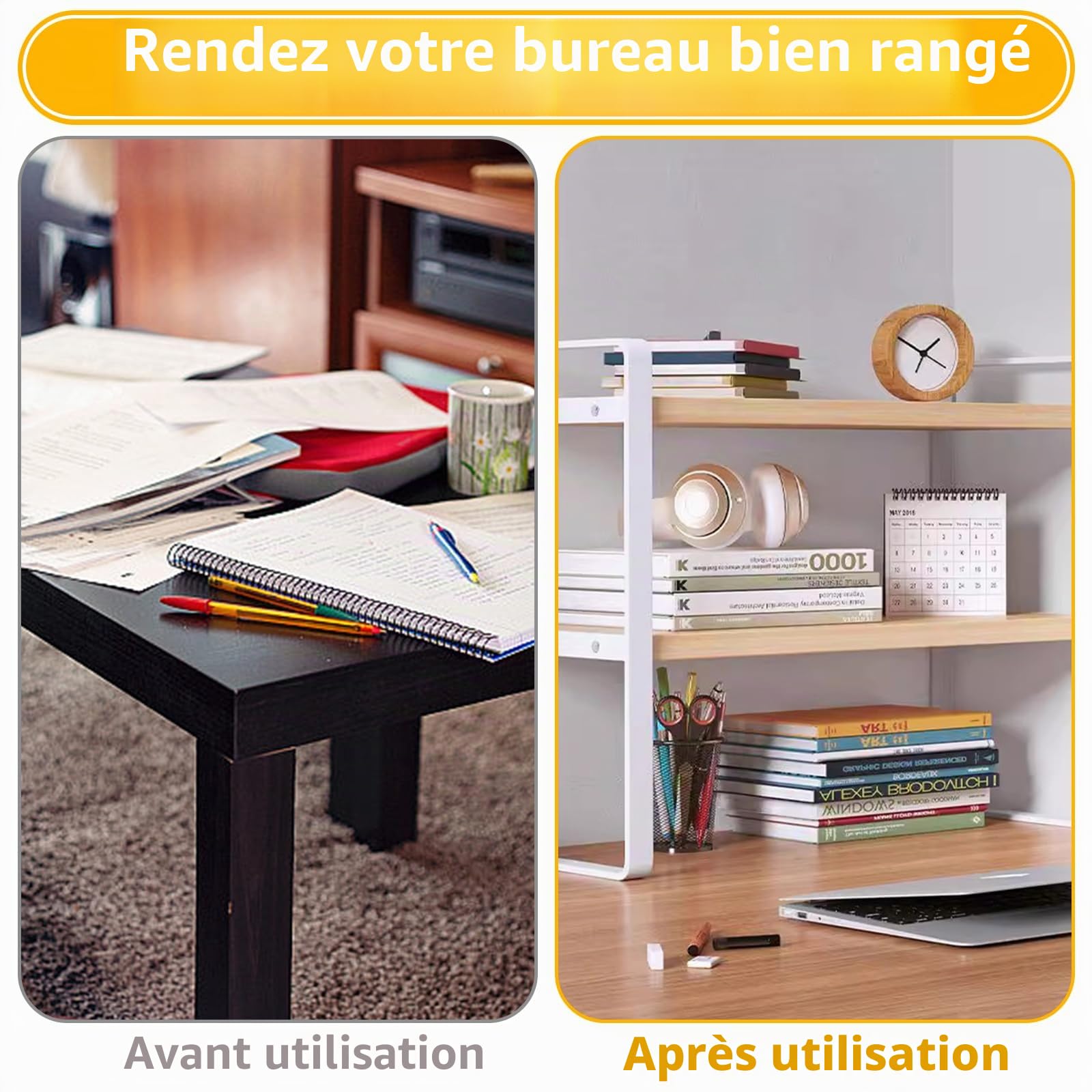 Étagère de bureau en bois, 40 x 20 x 36 cm, à 2 étages, multifonctionnelle, blanche, pour la maison, le bureau, l'école
