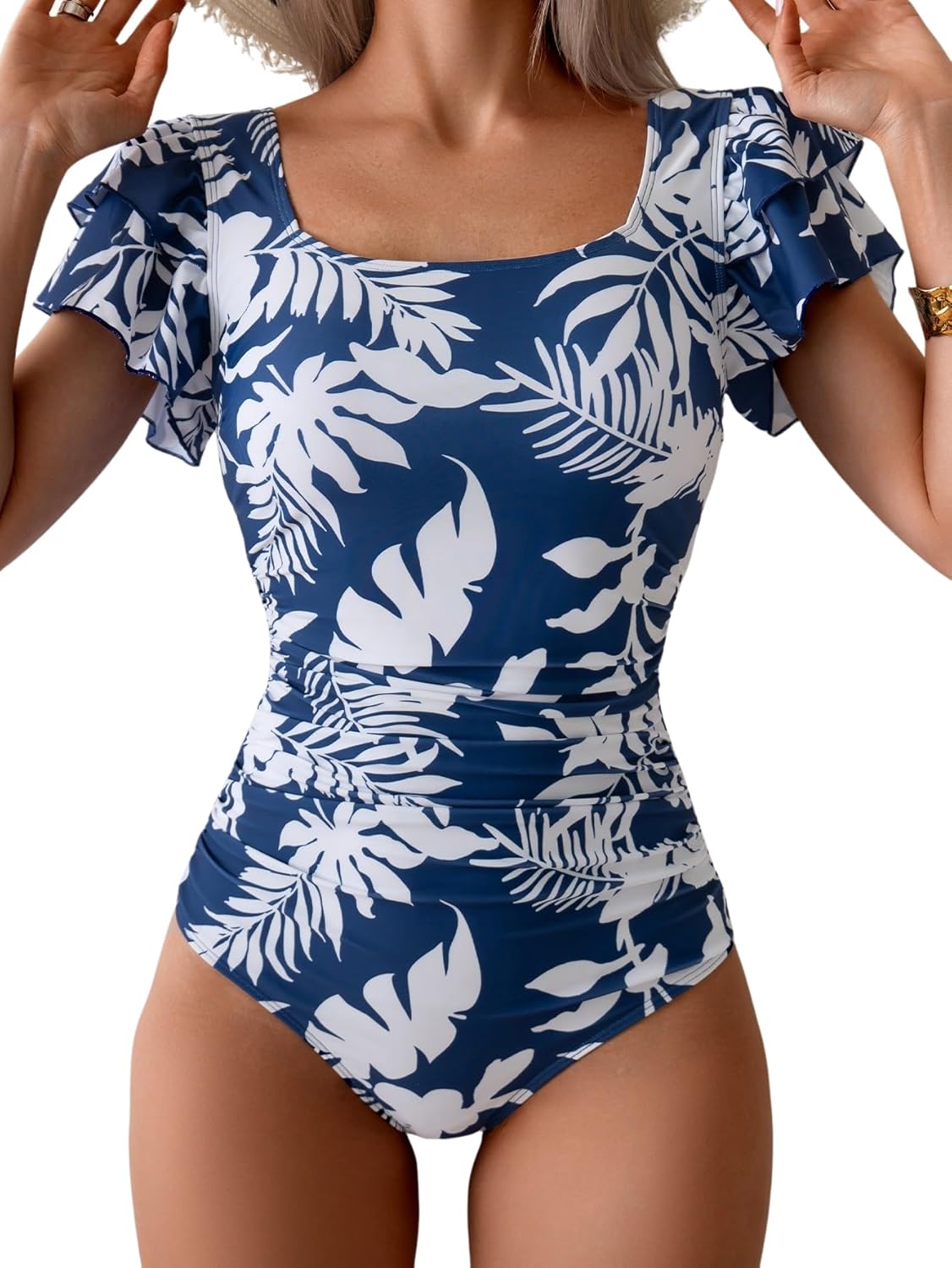 Eomenie Women's Tummy Control One Piece Swimsuit Ruffle Square Neck Bathing Suit Ruched Cutout Back Slimming Swimwear