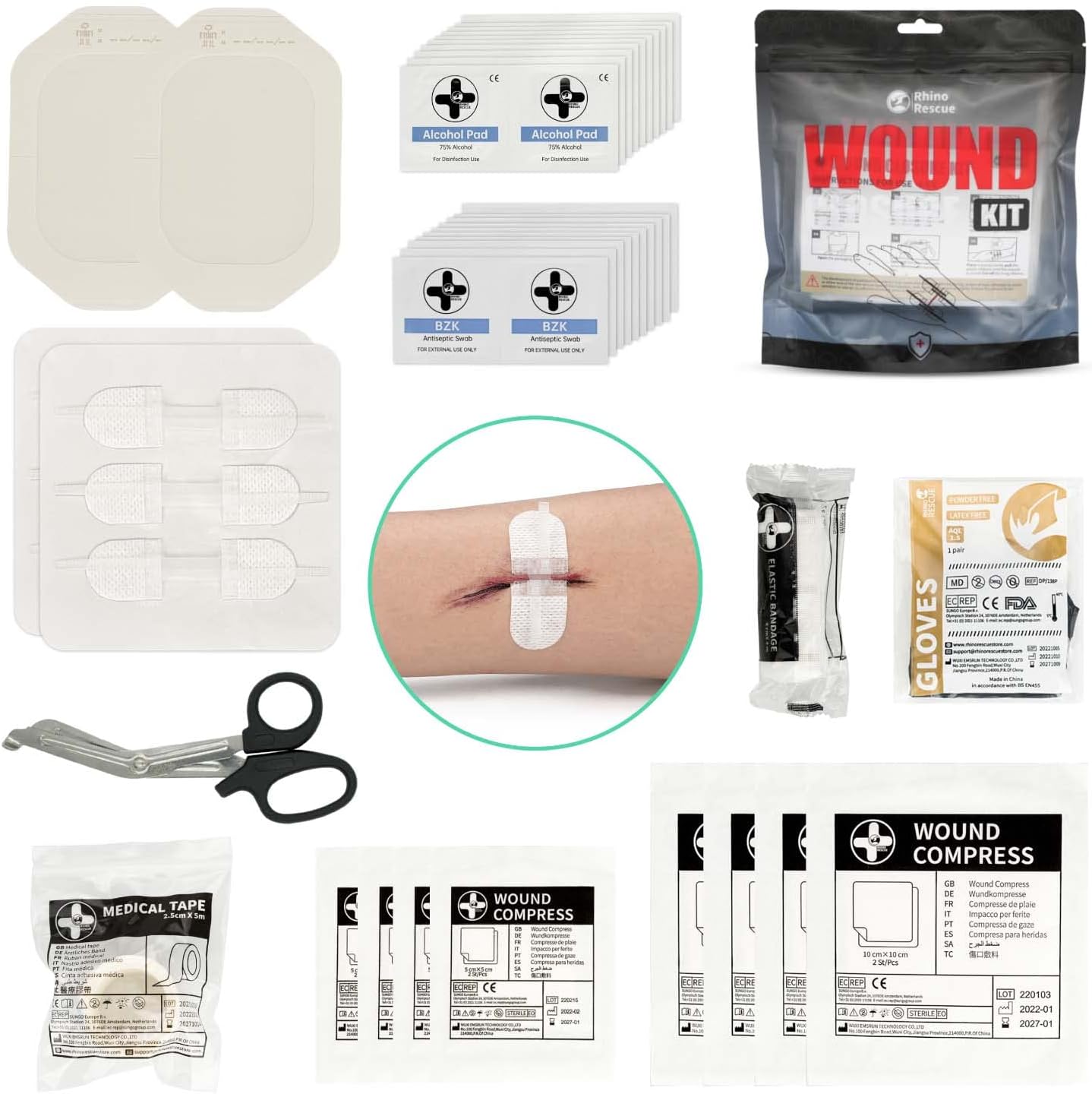 RHINO RESCUE Zip Stitch 6pcs with Wound Dresssings, Wound