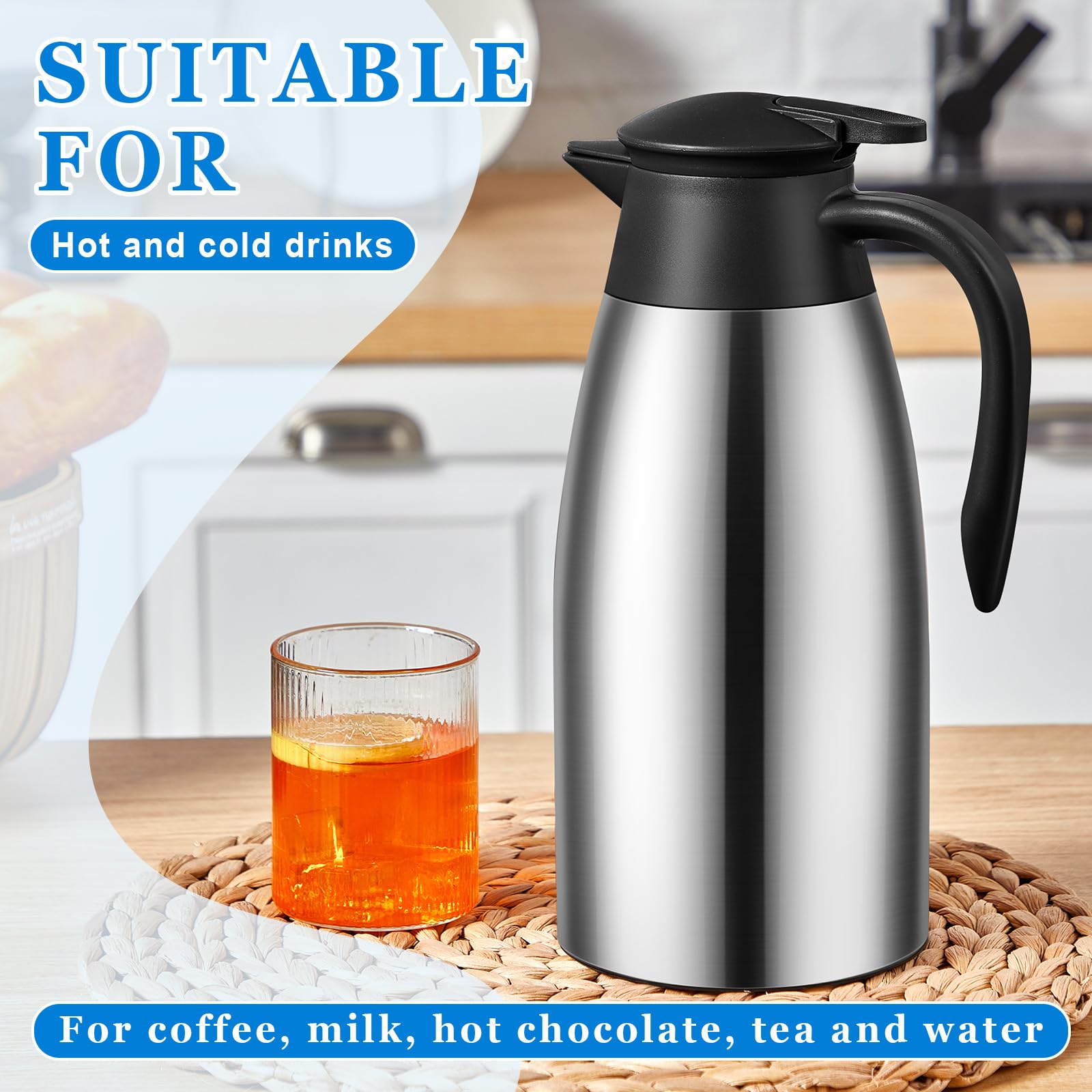 Uiifan 2 jarras térmicas de café de 68 onzas con aislamiento de acero inoxidable, jarra de café térmica de doble pared, jarra de café con cepillos para mantener el té del café durante 12 horas (negro,