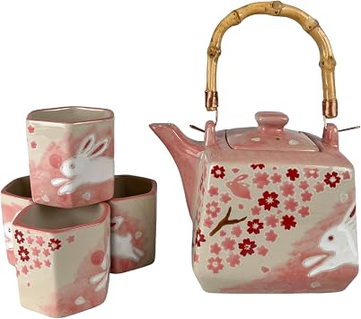 Porcelain Tea Set Square Shape 20 fl oz Teapot with 4 Hexagon Cups Hand Painted Cherry Blossoms Rabbit Design Top Handle Japanese Style Pink