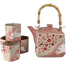Porcelain Tea Set Square Shape 20 fl oz Teapot with 4 Hexagon Cups Hand Painted Rabbit Cherry Blossom Top Handle Japanese Style Pink