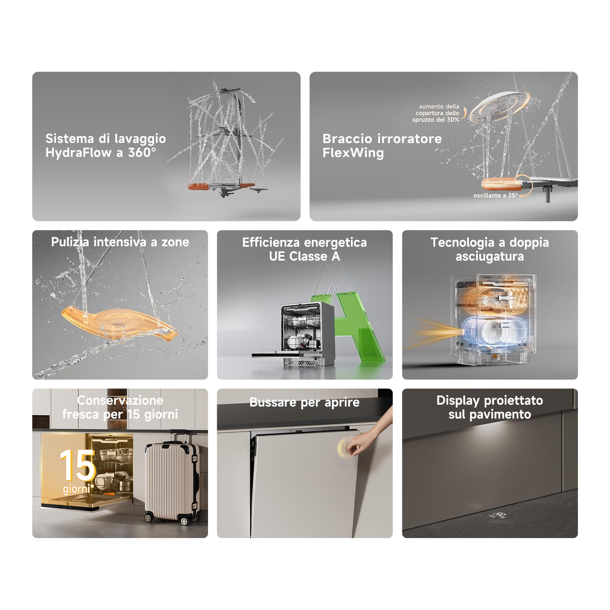 DREAME DZ60 Pro Lavastoviglie da Incasso 60cm con Frontalino, 15 Coperti, Controllo Smart, Braccio Irroratore FlexWing, Pulizia Profonda a 75 °c, Doppia Asciugatura Lavastoviglie Libera Installazione