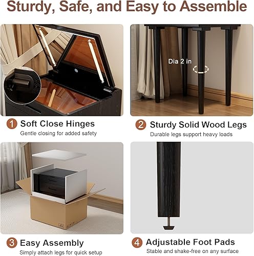 Miniatura 8 de Escritorio pequeño de madera maciza con espejo y luces, tocador de maquillaje estrecho para espacios pequeños, mesa auxiliar de tocador abatible, 3