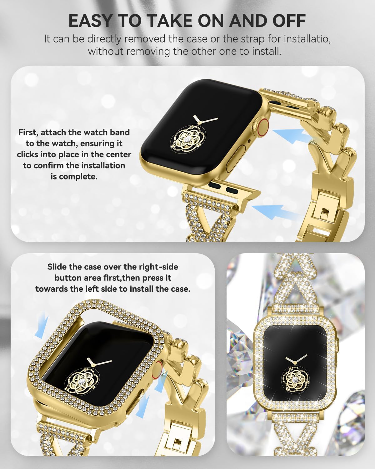 Rhinestones Encrusted Metal Bracelet and Case, Compatible with Apple Watch Bands 38mm-49mm (Series 11/1/SE/Ultra 2)- Bling Gold Women's Jewelry Strap, Luxury iWatch Bracelet with Screen Protector