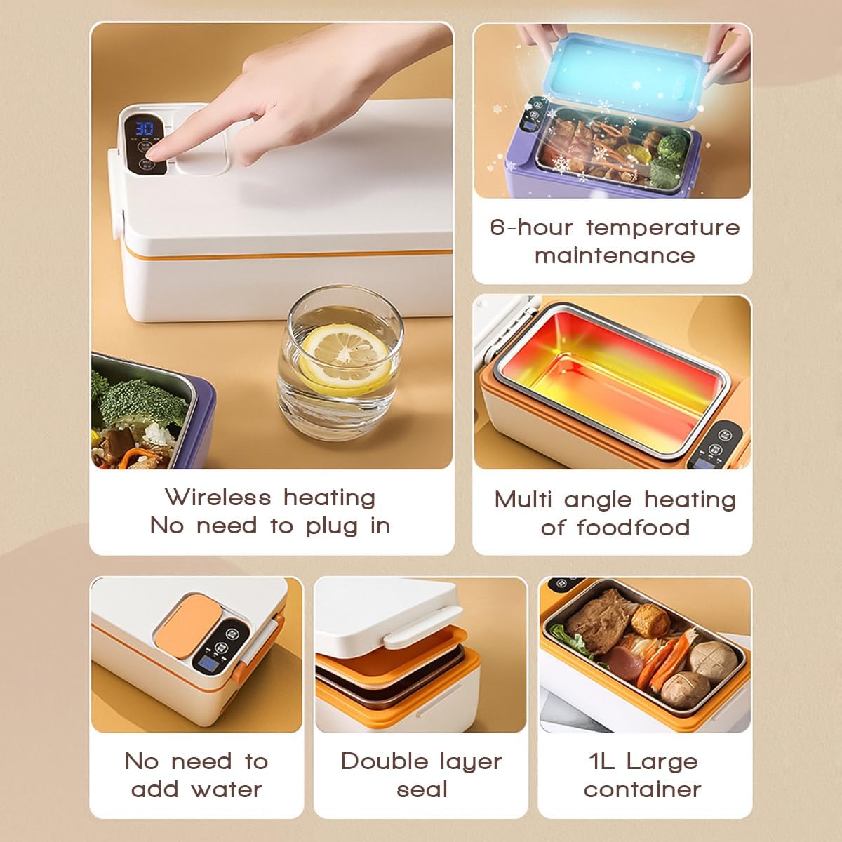 Cordless Electric Lunch Box 1L, Portable Food Warmer for Car/Office/Home Use | No Water Required, Rechargeable Heated Lunch Container with Insulated Bag | Students & Professionals