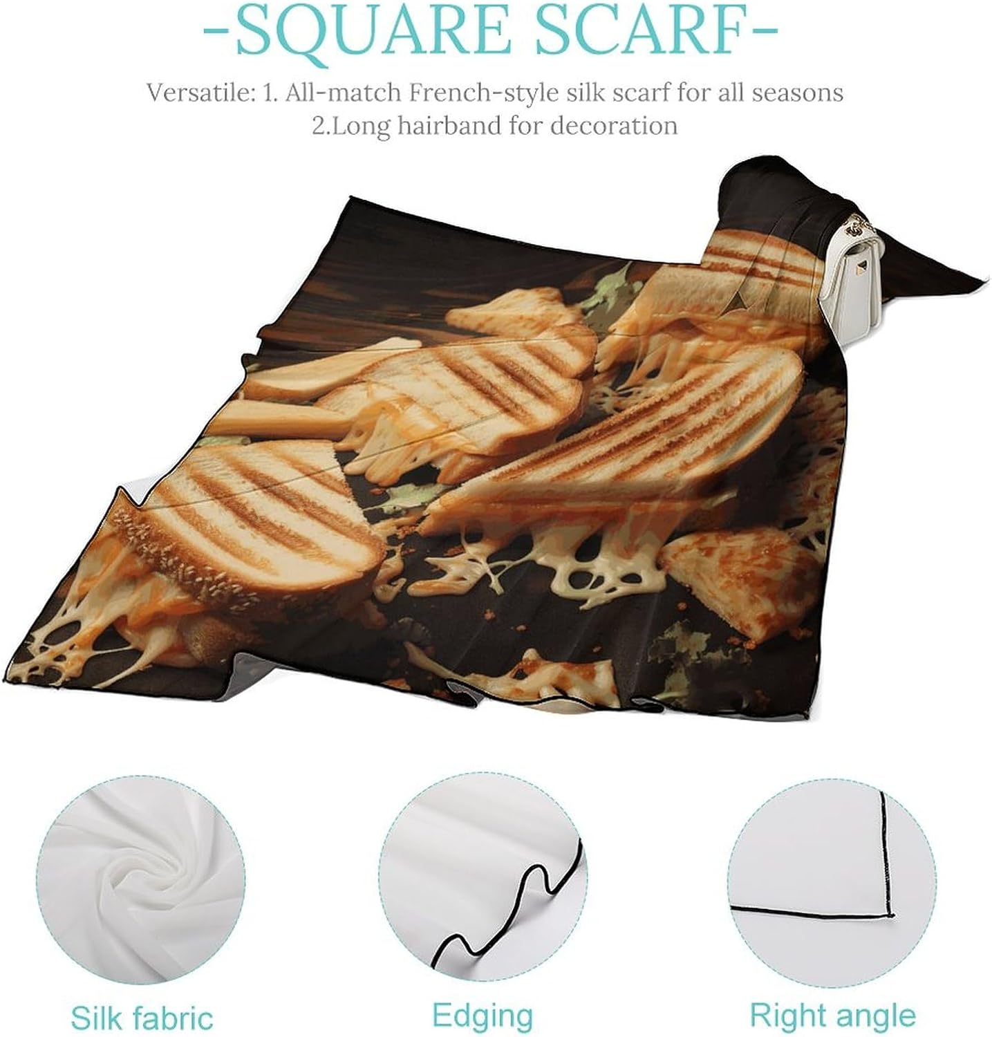 Stylish Cheese Sandwiches Printed Silk Scarves for Men & Women - Fashion Neck Warmer, Windproof Face Scarf. 27x27 Inches.