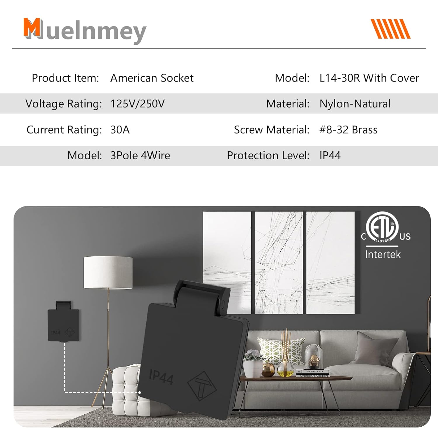 2PCS Outlet Locking Receptacle for Generator NEMA L14-30R with Cover,30 Amp 125/250Volt,3Pole 4Wire,Weatherproof, Dustproof，Locking Power Outlet for Outdoor Use