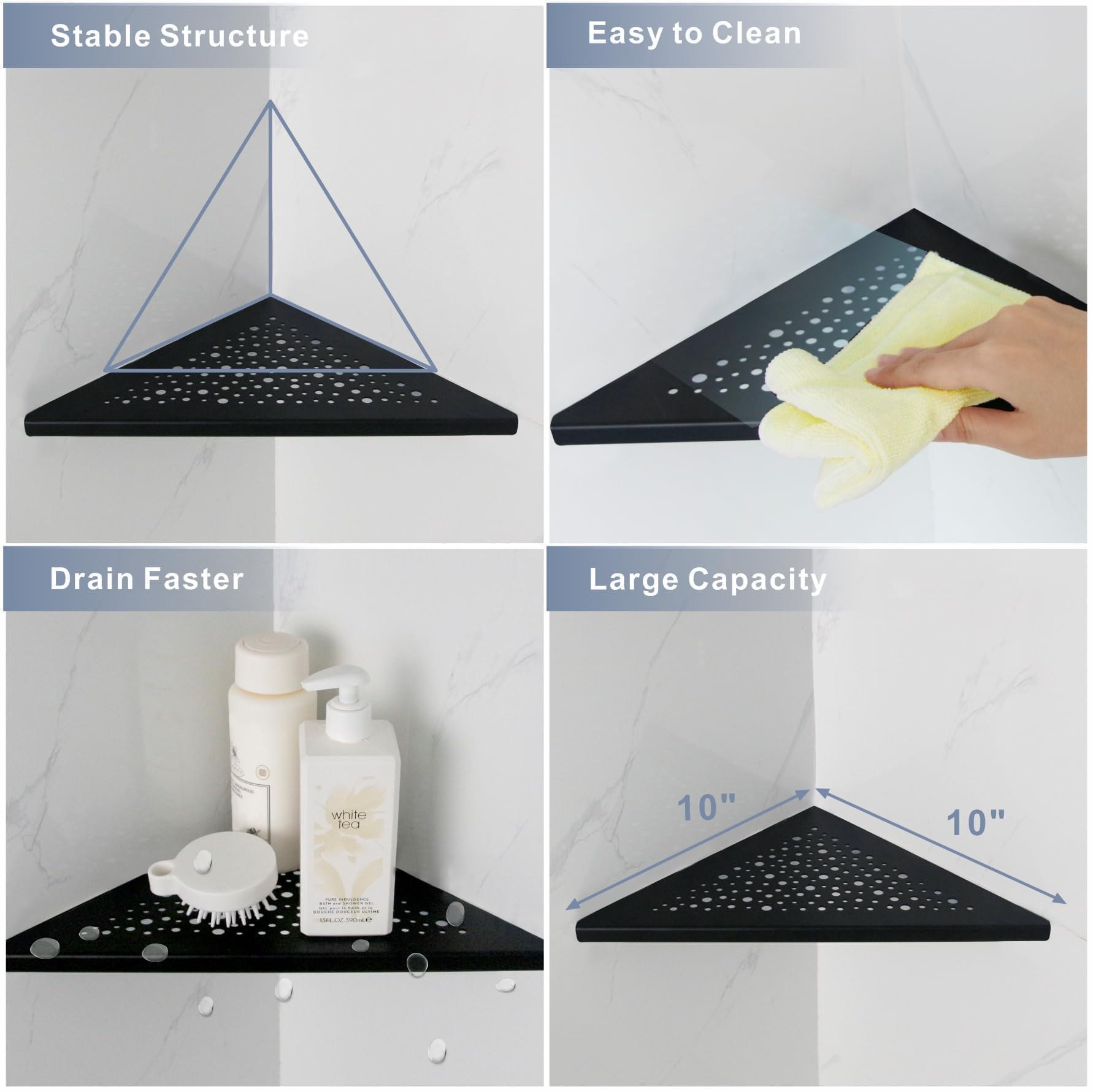 HIDROP Estante esquinero de ducha de 10 pulgadas, sin taladro, acero inoxidable 304 de 10 pulgadas, estantes empotrados de baño para pared de azulejos, negro mate, paquete de 2