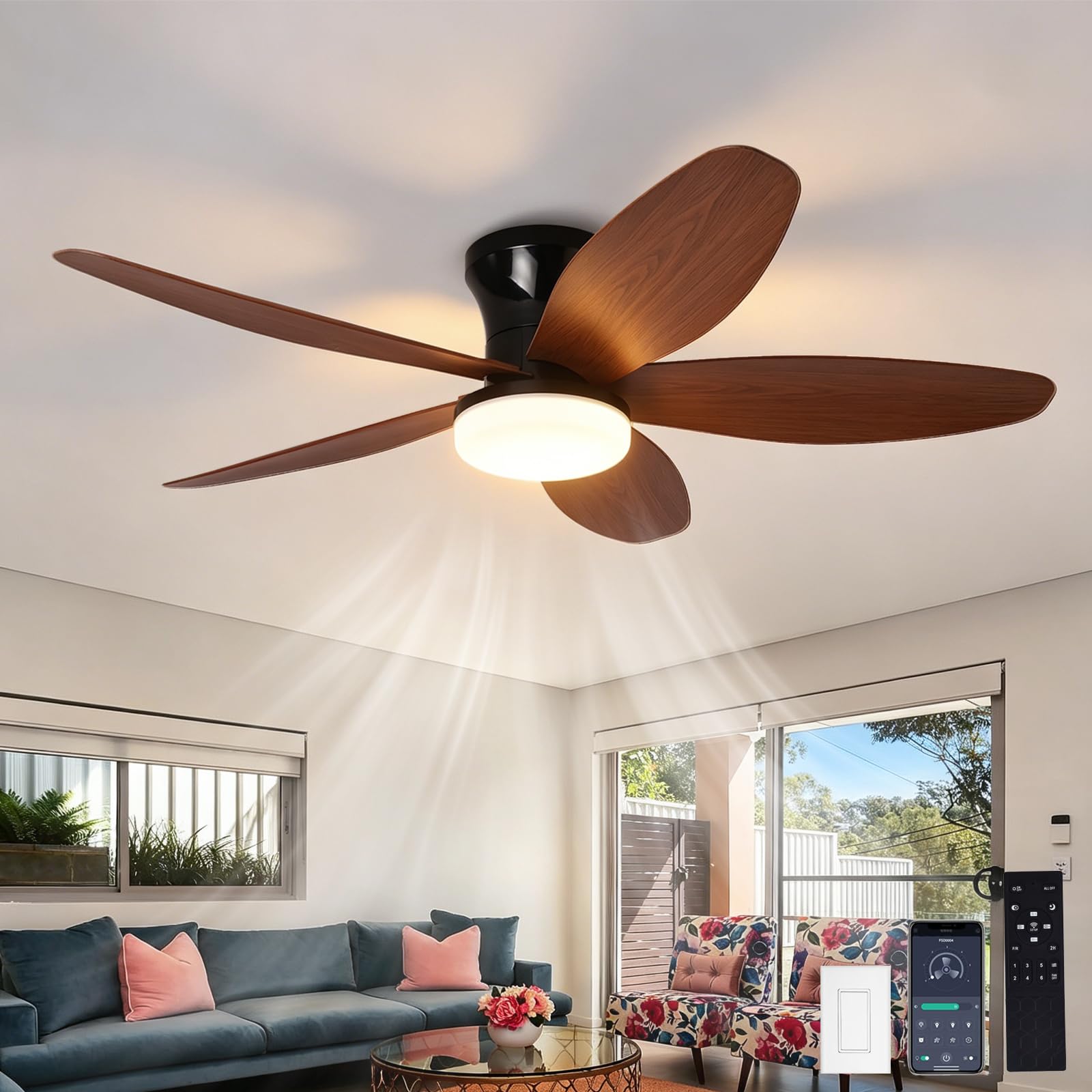 SXDMOUBK 42 Inch Dimmable LED Ceiling Fan,Reversible,Timer,6 Speeds & Timer Ultra-Quiet,Ceiling Fans with Lights and Remote,Dimmable Smart Ceiling Fan for Bedroom Kitchen Dining Room