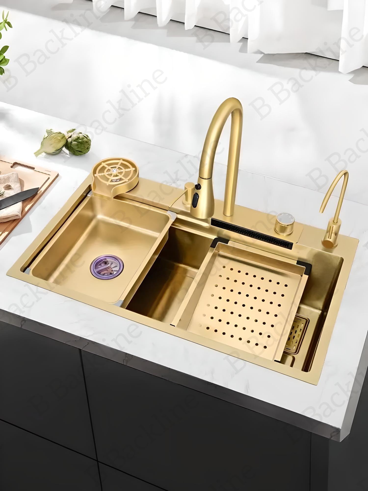 - B Backline Kitchen Sink SS 304 Grade Modular Sink With Pull-Down Faucet and Rainfall Mode,RO Mineral Water Tap, Glass Washer, Fruit Basket, Chopping Board, Kitchen Sink 30" X 18'" X 9" Inches (Gold)