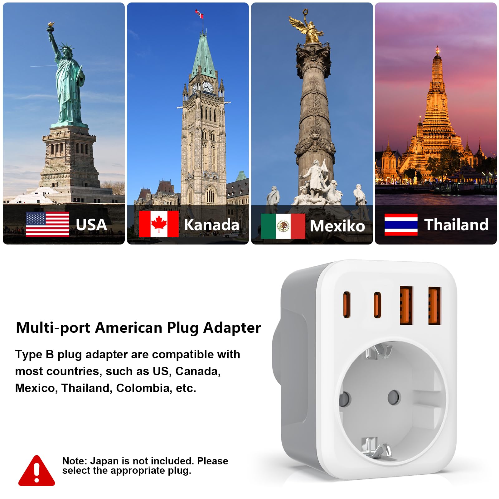 5 en 1 Adaptateur Prise USA,Adaptateur Prise Canada avec 2 USB-A et 2 USB-C et 1 Prise Européenne pour Canada, Mexique,Thaïlande(Type B)