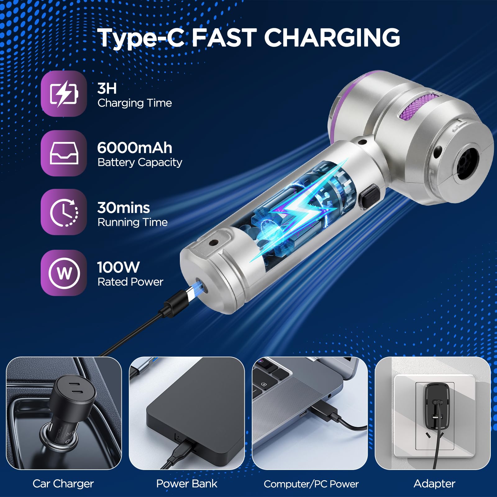 Romon Aspirapolvere Portatile Senza Fili, Aspirapolvere Auto 16000Pa Aspirabriciole USB Ricaricabile Aspirapolvere Aspirazione Piccolo, 4 in 1 Mini Aspirabriciole Senza Fili Potente per Pulizia Casa
