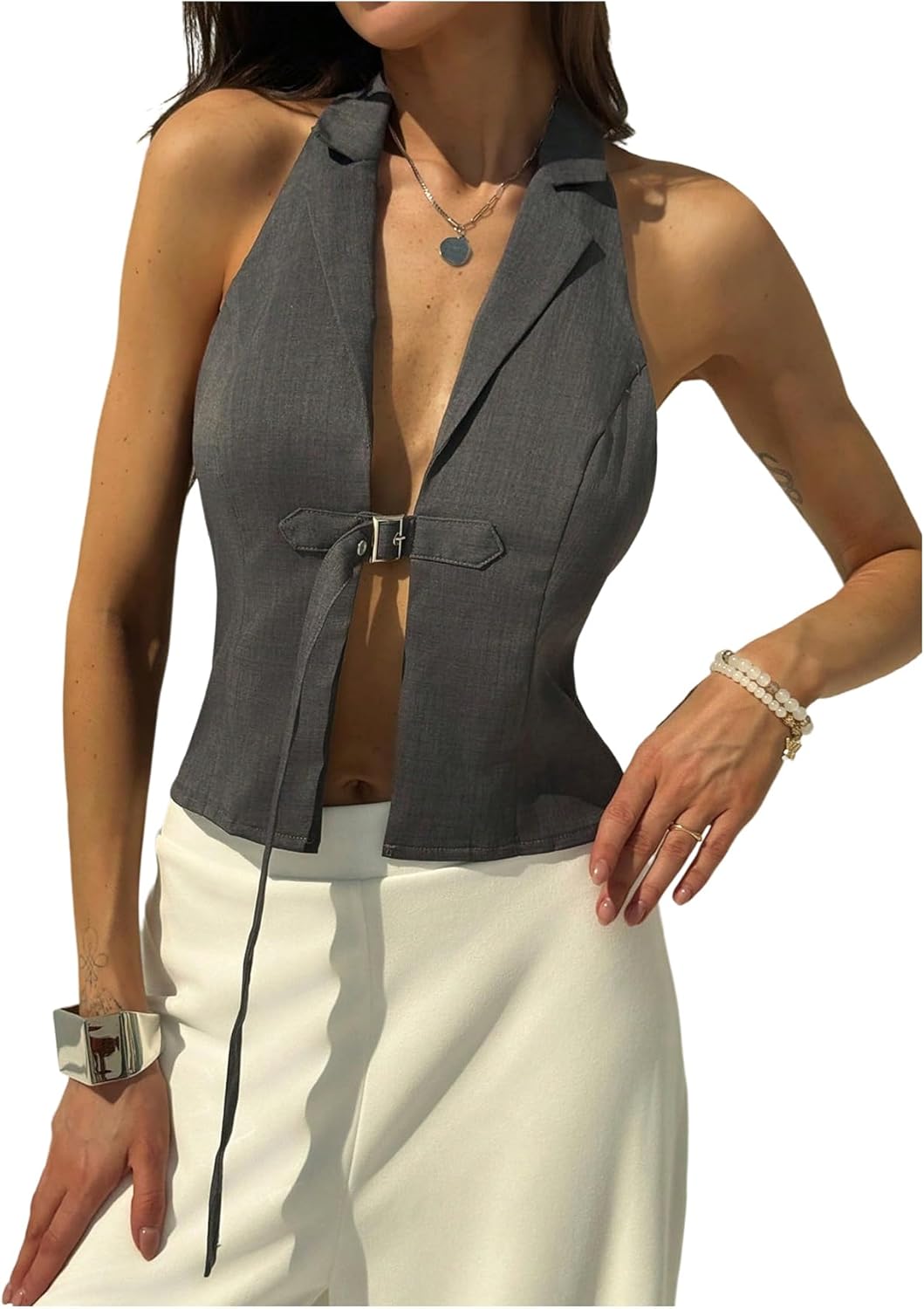 MakeMeChic Women's Y2K Halter Tops Lapel Neck Sleeveless Summer Office Vest Blazer