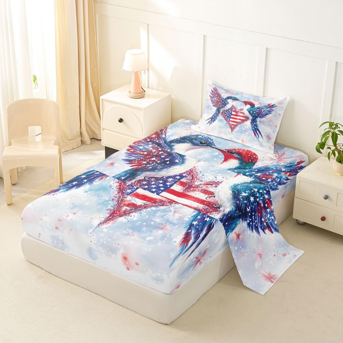 Erosebridal Patriotic Hummingbirds Sheet Set American Flag Heart Twin Sheets Set for Toddler Boys,4th of July Love America Fitted Sheet