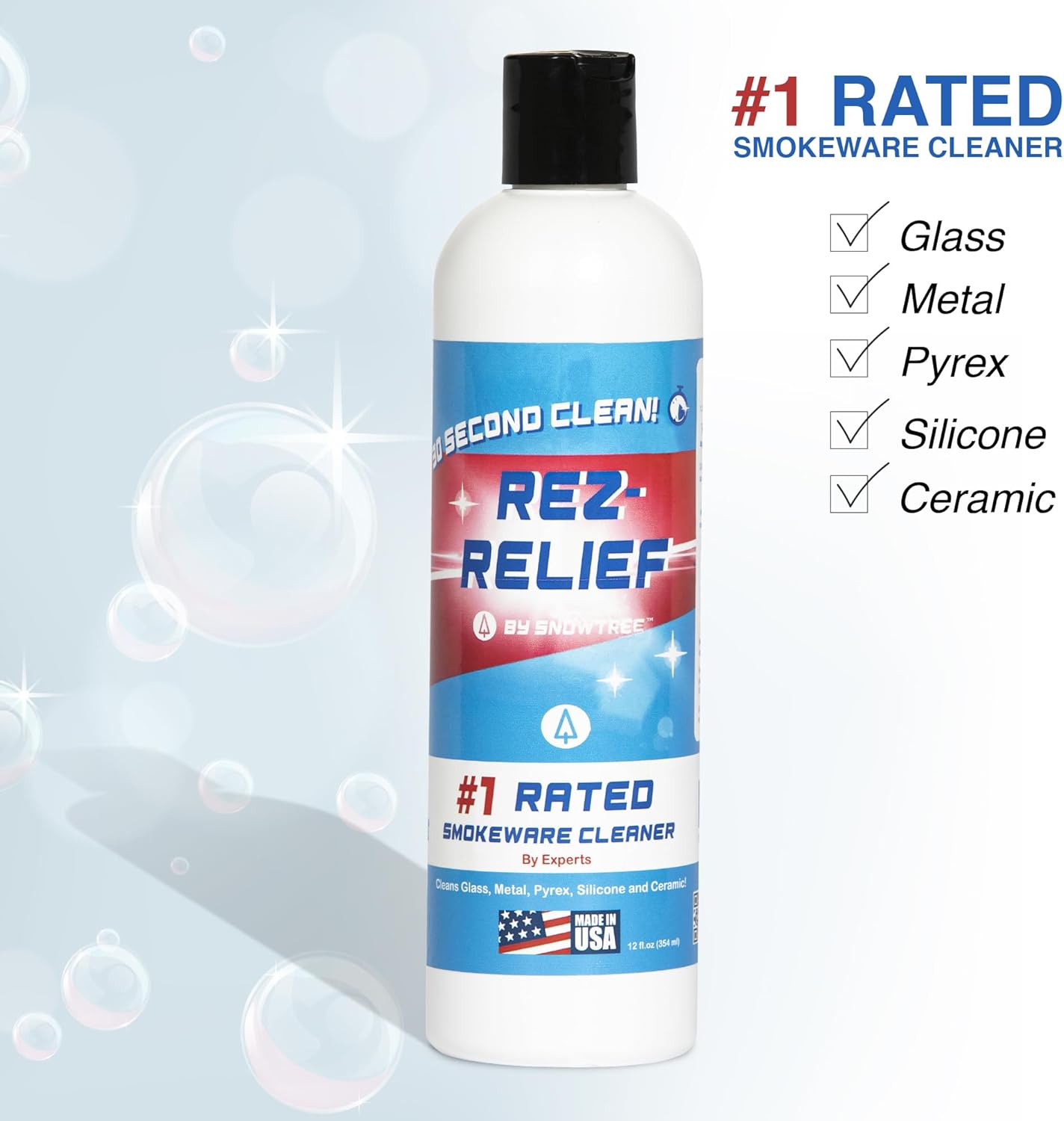 SNOWTREE - 4 Pack Rez Relief Glass Cleaner Solution for Glass, Ceramic, Metal & Silicone - 12 Fluid Oz Bottle (4 Pack) - Refreshing Citrus Scent Glass Cleaner Liquid - Removes Stains & Smells