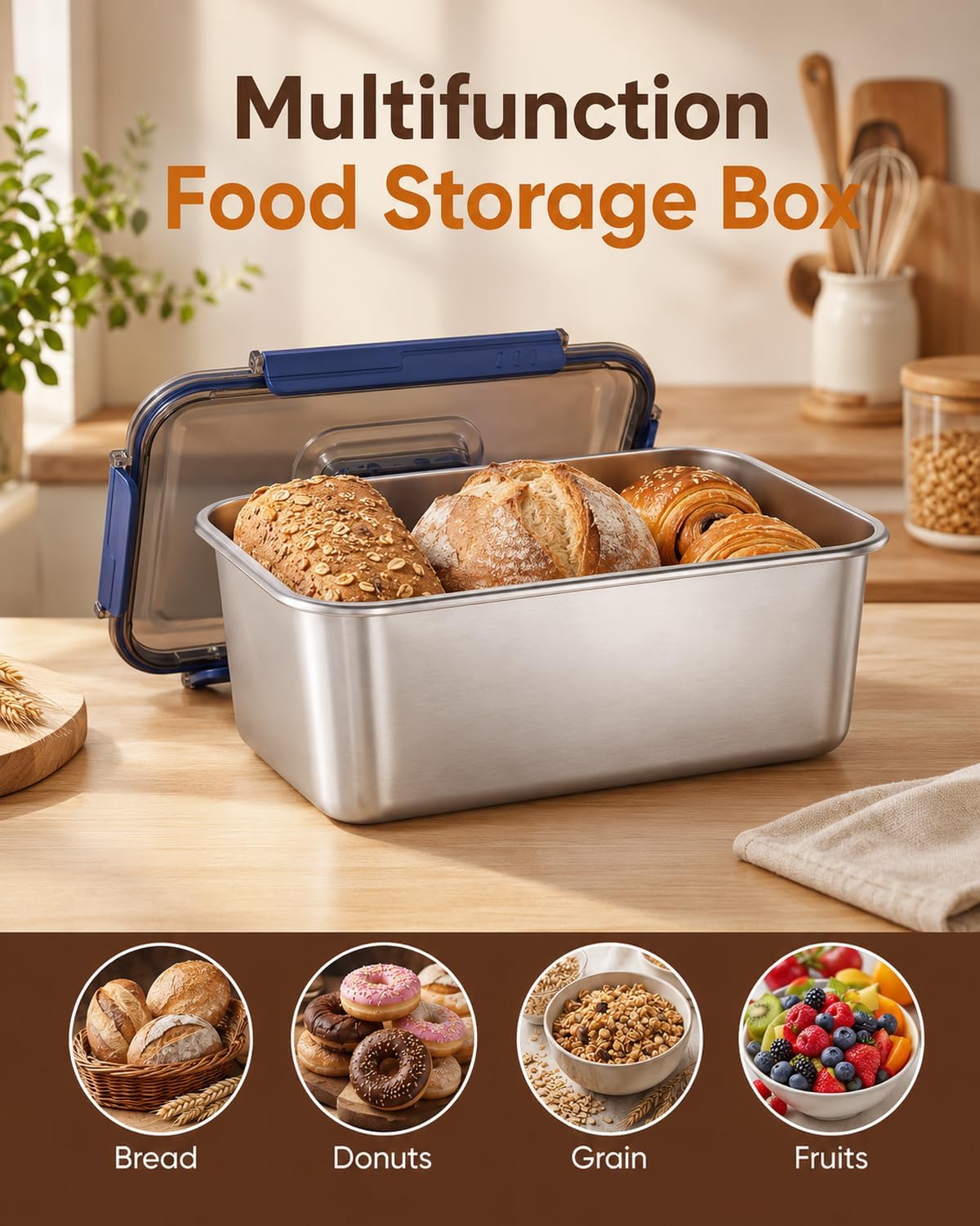 Stainless Steel Bread Box for Kitchen Countertop, Airtight Bread Storage Container with Lid, Large Capacity Bread Keeper for Homemade Bread, Loaf, Toast, Food Storage Container